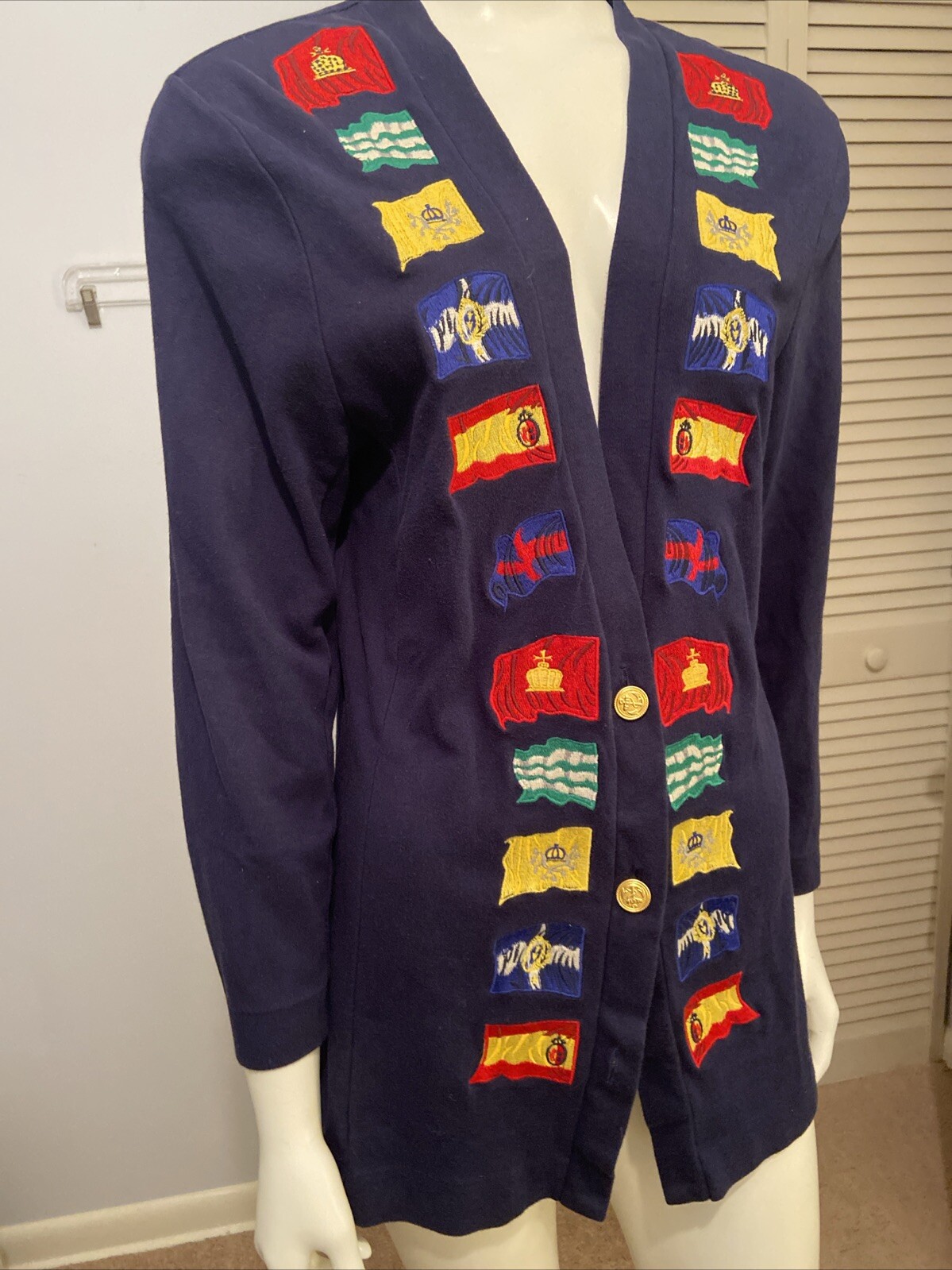 Vintage 80s Cambridge SportsClub Multi Color Womens M Sweater Flags