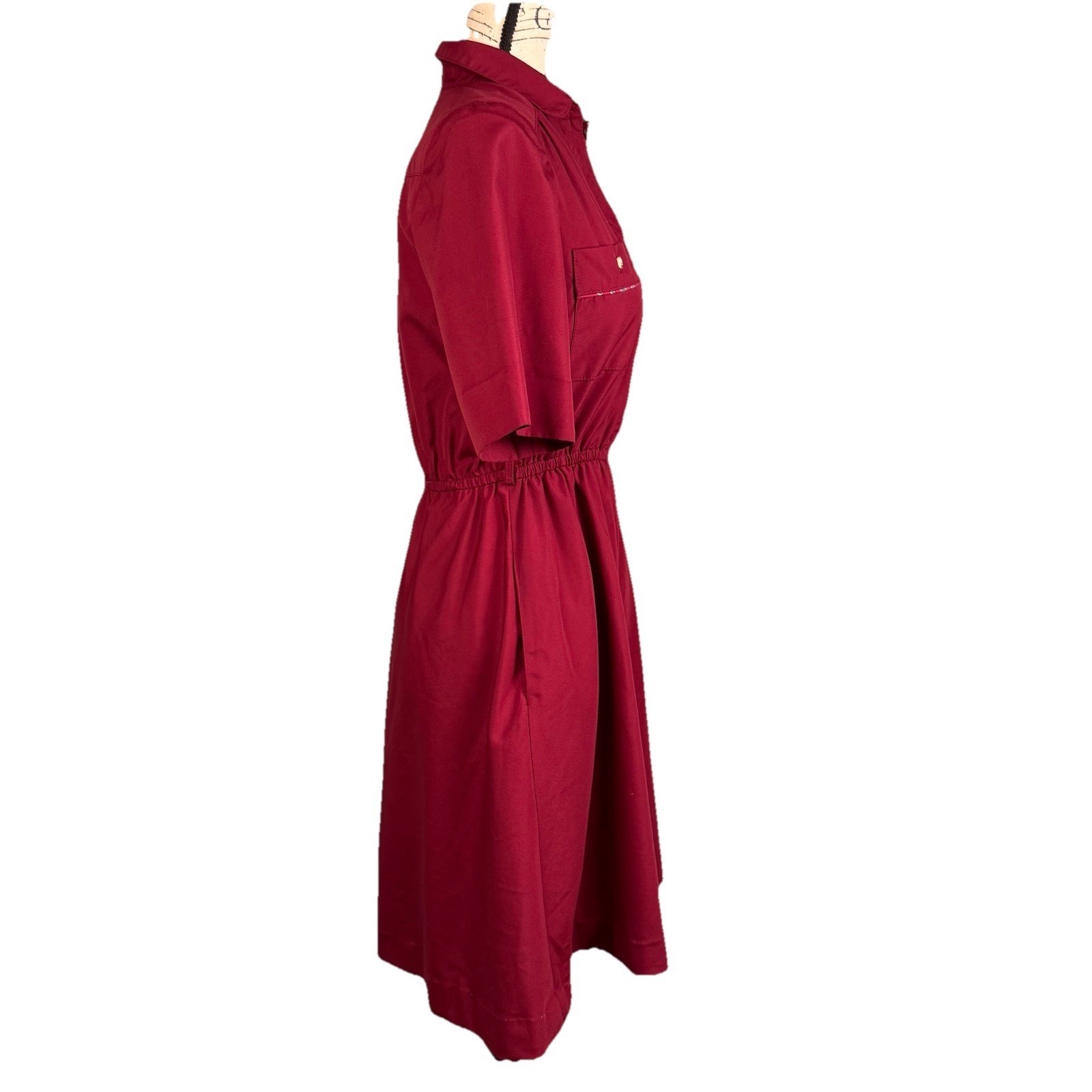 Sasson Short Sleeve Shirt Dress Vtg 70’s Maroon Paisley Trim Cotton Retro Preppy