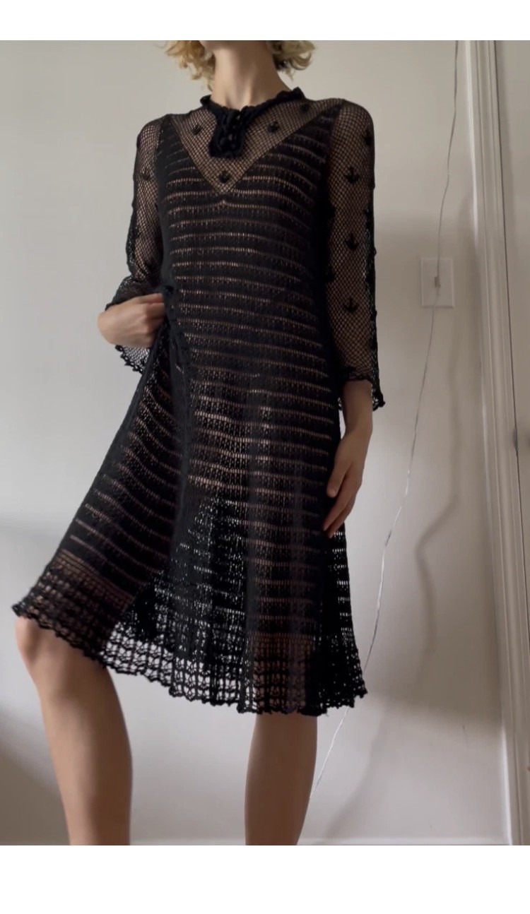 Vintage Black Cotton Hand Crochet Dress Long Sleeve Open-weave lace Knotted Cott