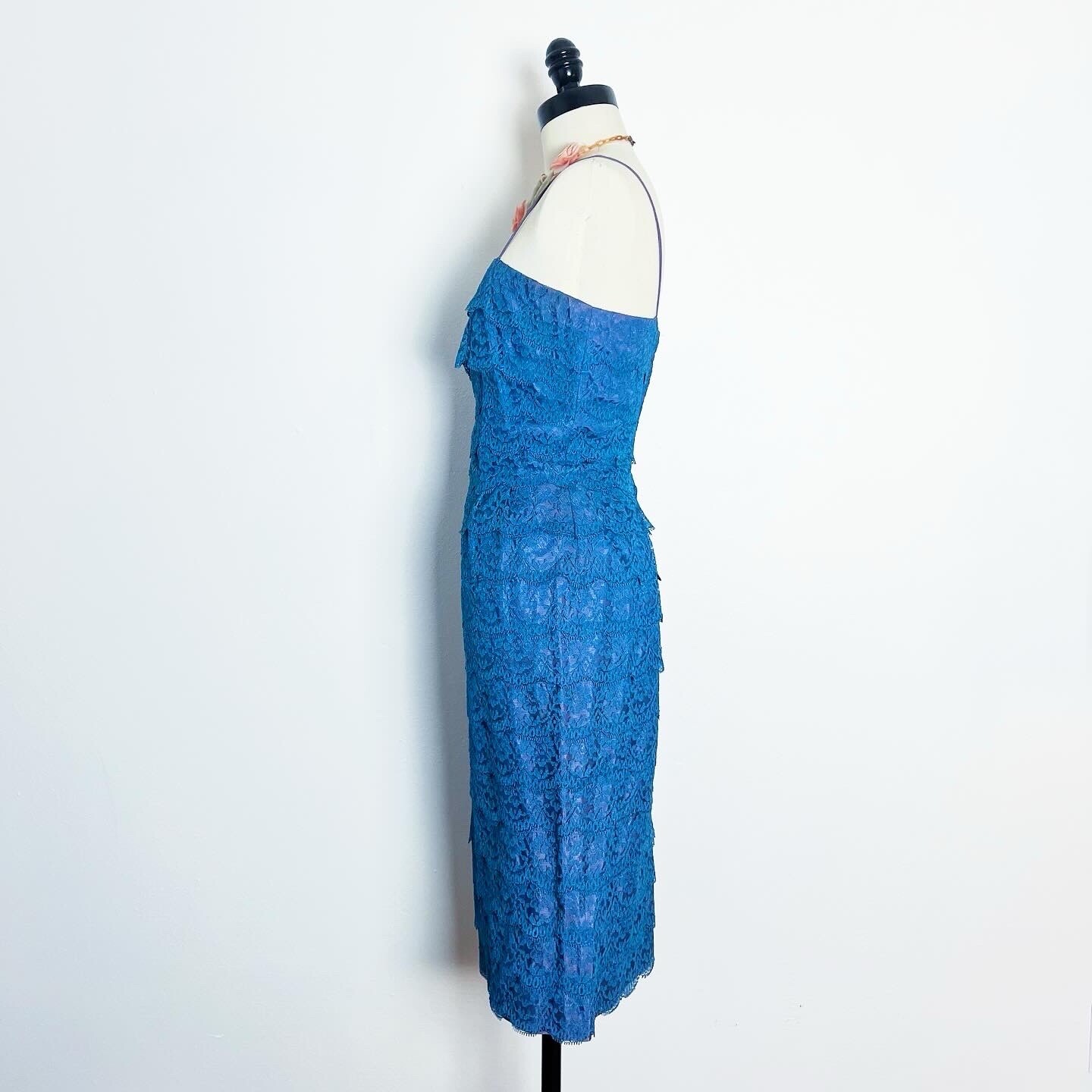 SCALLOPED BLUE Lace 1950’s 50s Vintage Cocktail Wiggle Prom Evening Dress M 38b