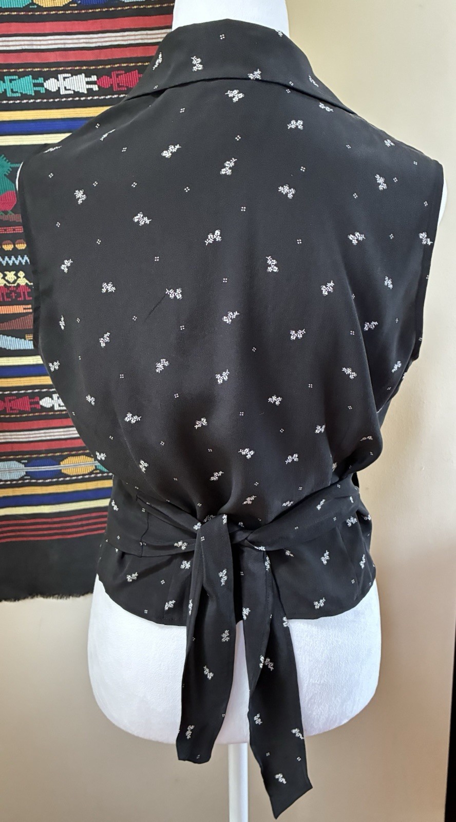 Vintage 90s Y2K Black Silk Collared Sleeveless Wrap Tie Shirt Blouse Career L