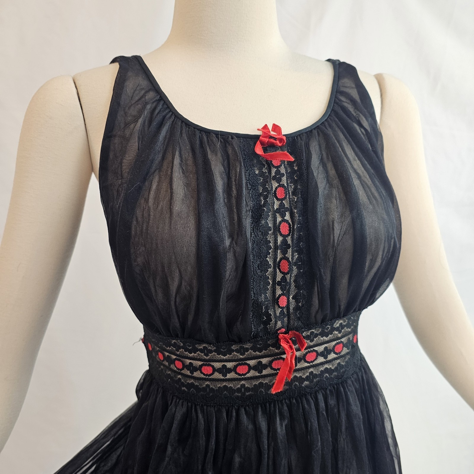 Vintage 1960s Black Lingerie Nightgown Slip Dress Red Lace Chiffon 60s Avian