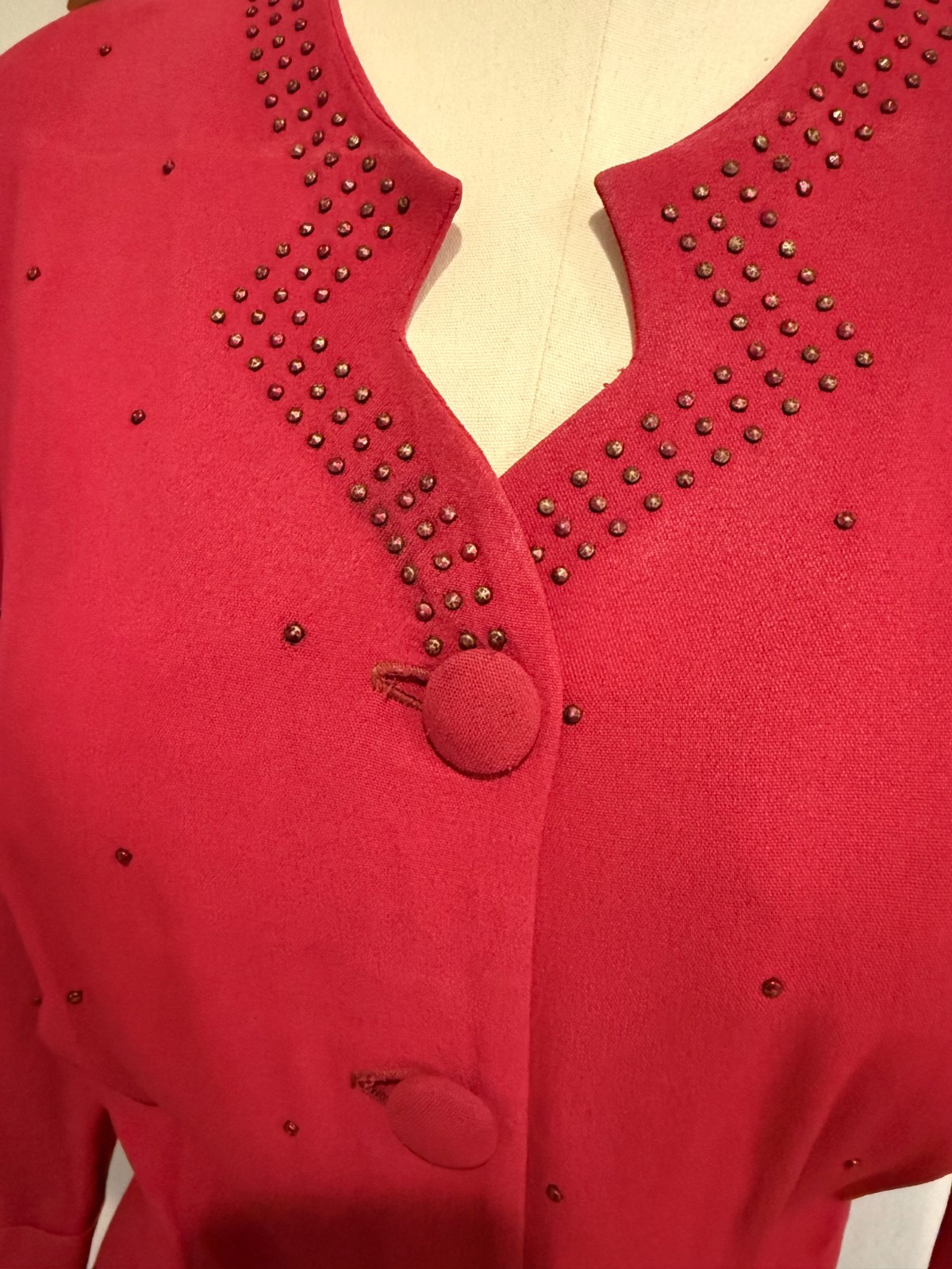 1940s Red Rayon Crepe Shirtwaist Dress with Studs Volup