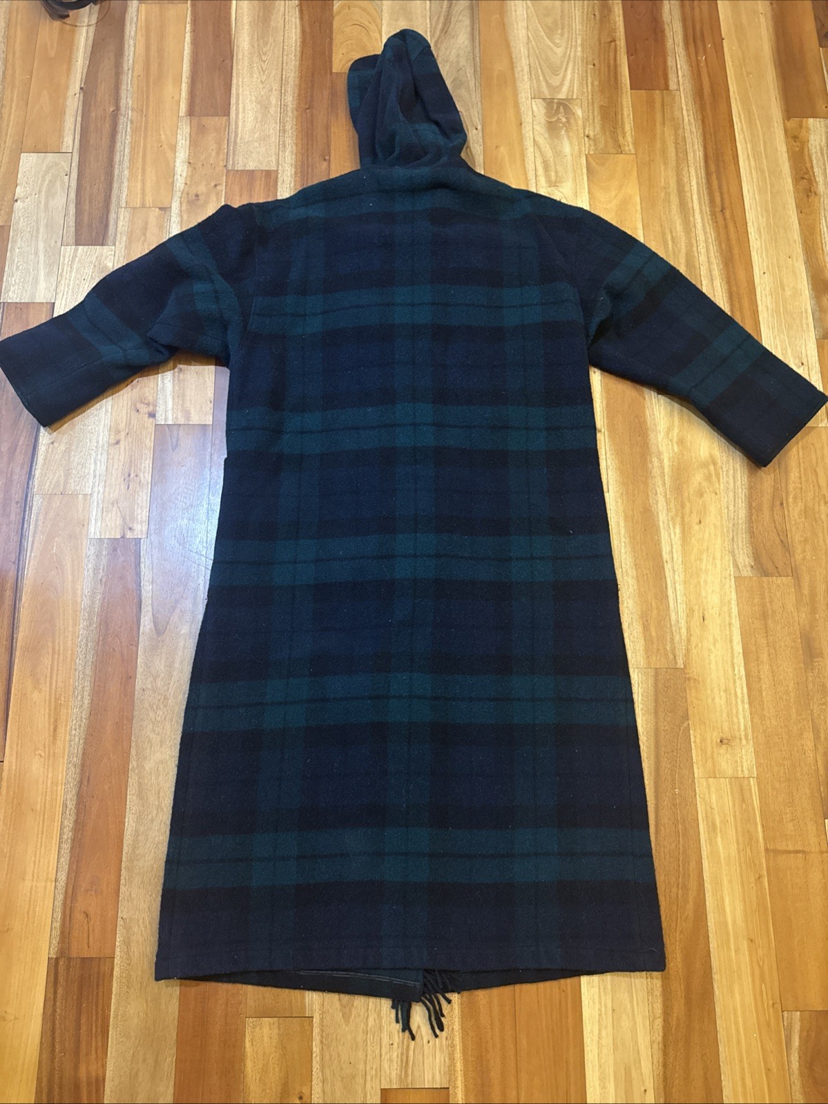 VTG 80s L.L. Bean Plaid Tartan Green Multi Fringe Wool Coat Hood Womens Large