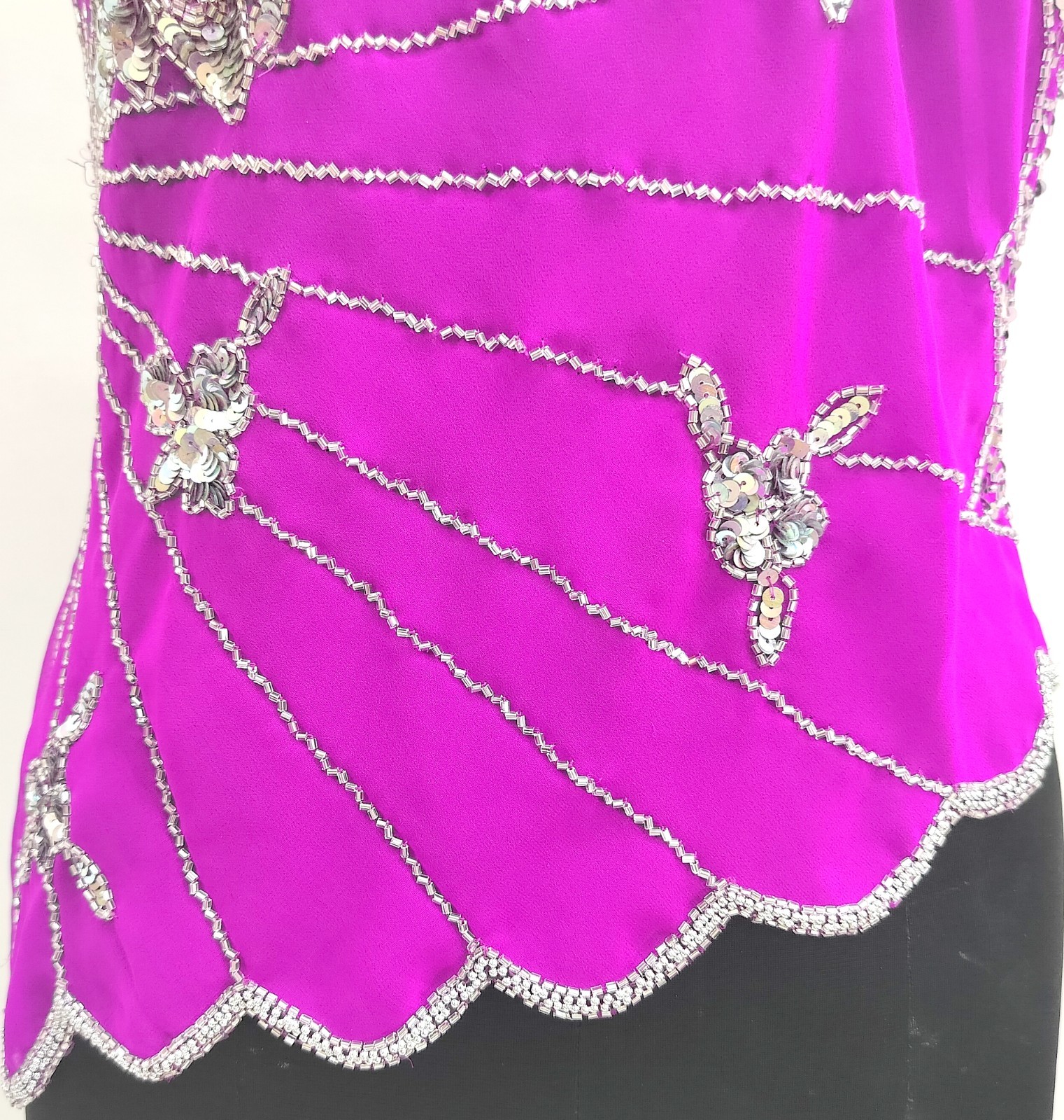 Vintage Y2K Bead Embroidery Costume Sequin Top Blouse Sheer Purple Silver Tunic
