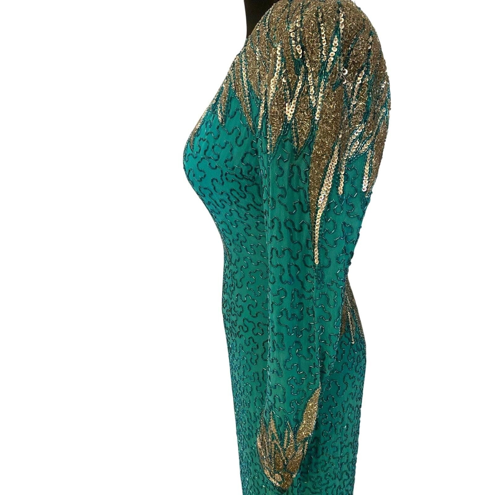 Vintage 80s Naeem Khan Riazee Nights Beaded sequined Teal 100% Silk Gown size 6