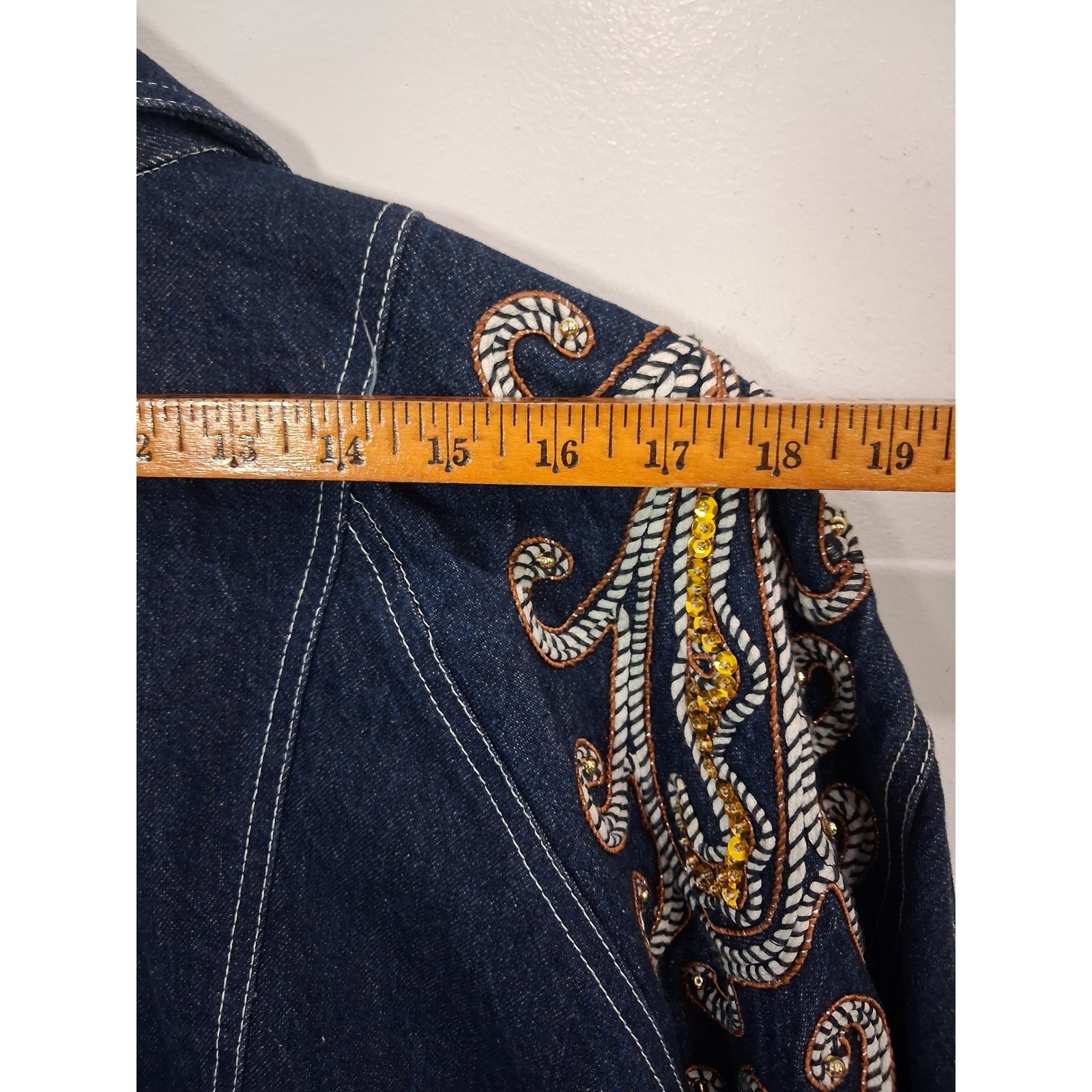 Vintage 80s Denim Moto Jacket Soutache Sequin Paisley Batwing Dark Wash Blue