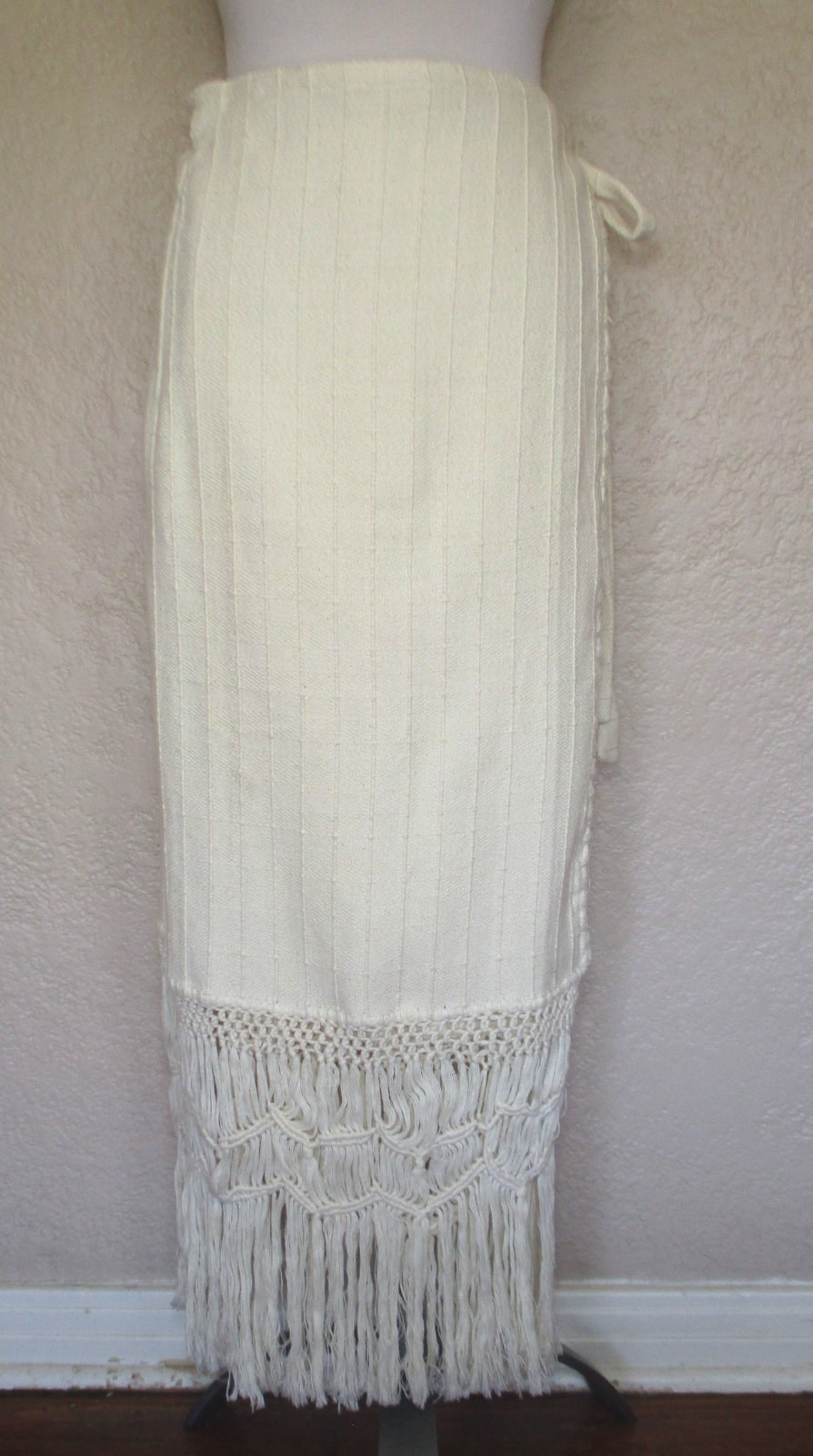 Vintage Wrap Skirt Elvia Jaramillo Beige Cotton Bohemian M Women Fringe Hem NWT