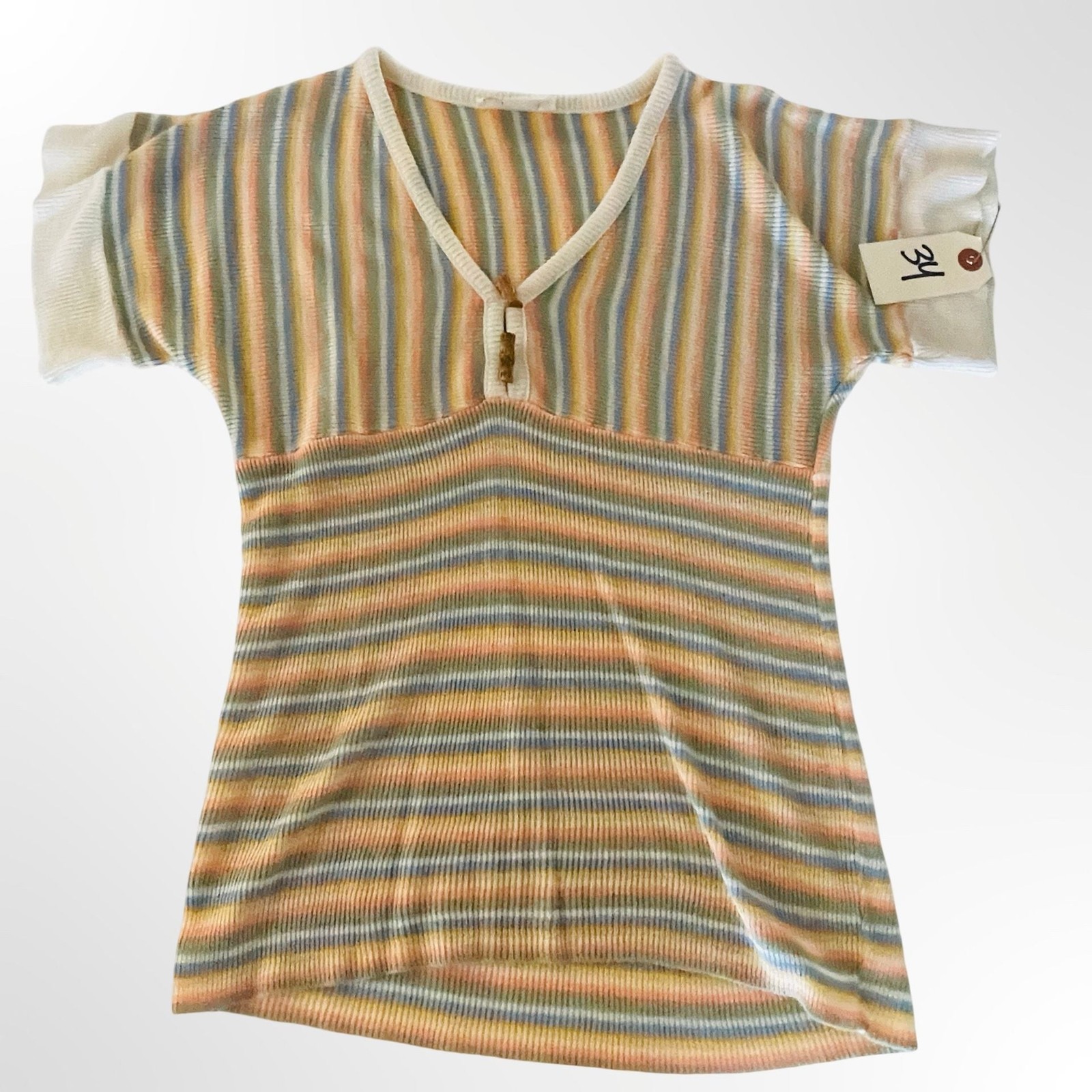 Vintage 1970s Lover’s Leap Ltd. Striped Knit Short Sleeve Top w Bamboo Buttons