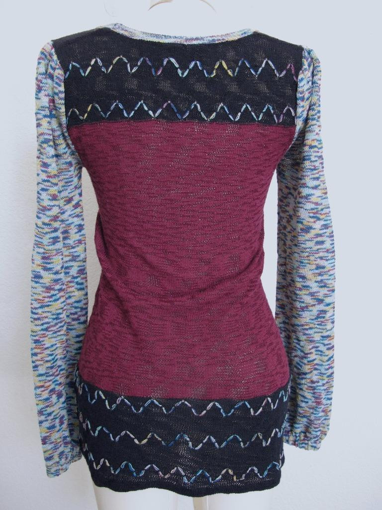 Vintage 90s BKE Mod Tunic Sweater S Mixed Media Embroidery HIppie Burgundy Black