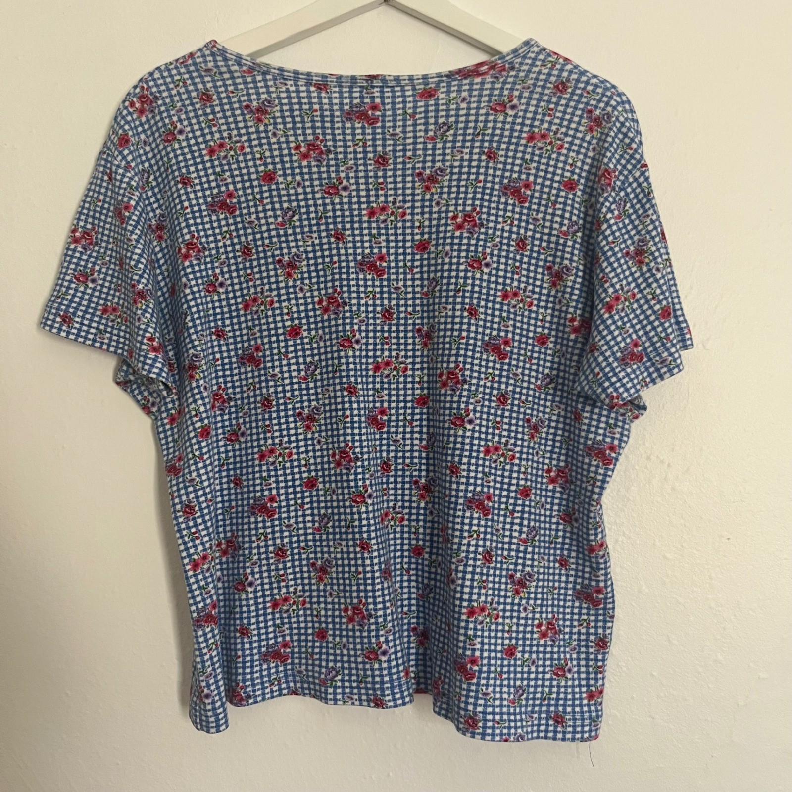 Vintage Cascade Blues Blue White Pink Floral Gingham 100% Cotton Shirt L