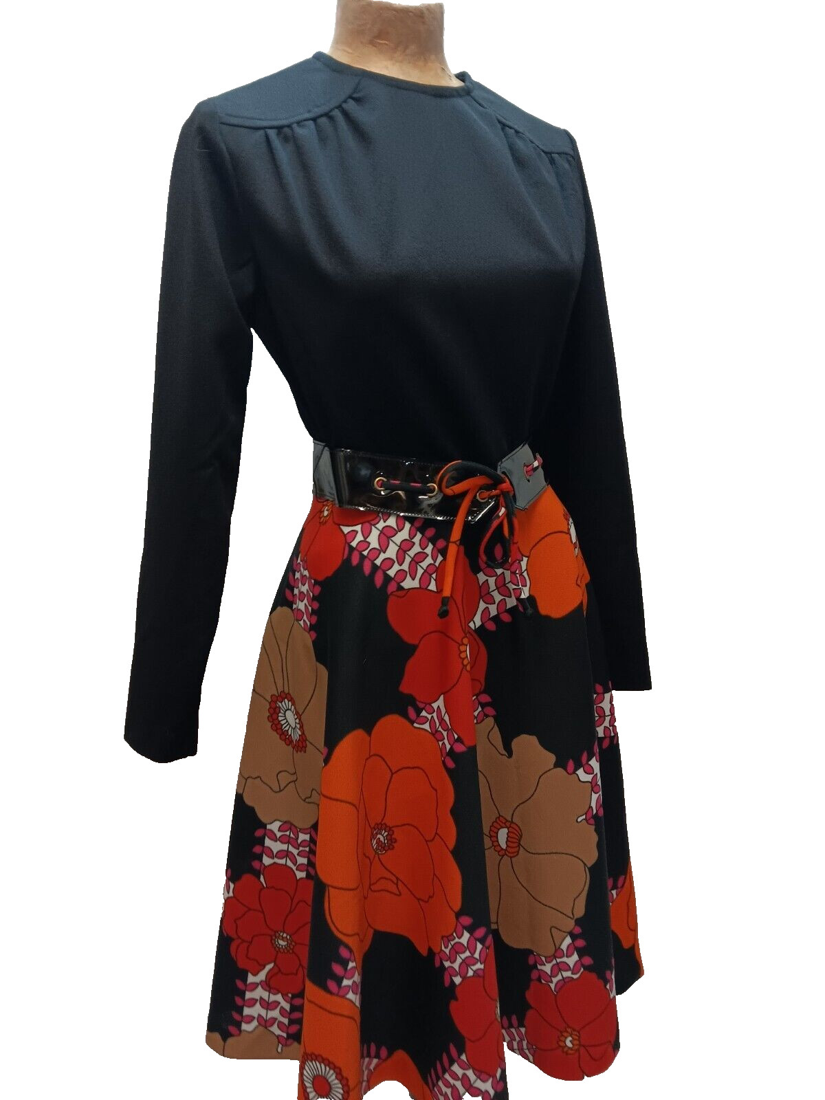 1970s Black Orange Pink Red White Groovy Poly Mod Dress by Tony Todd M