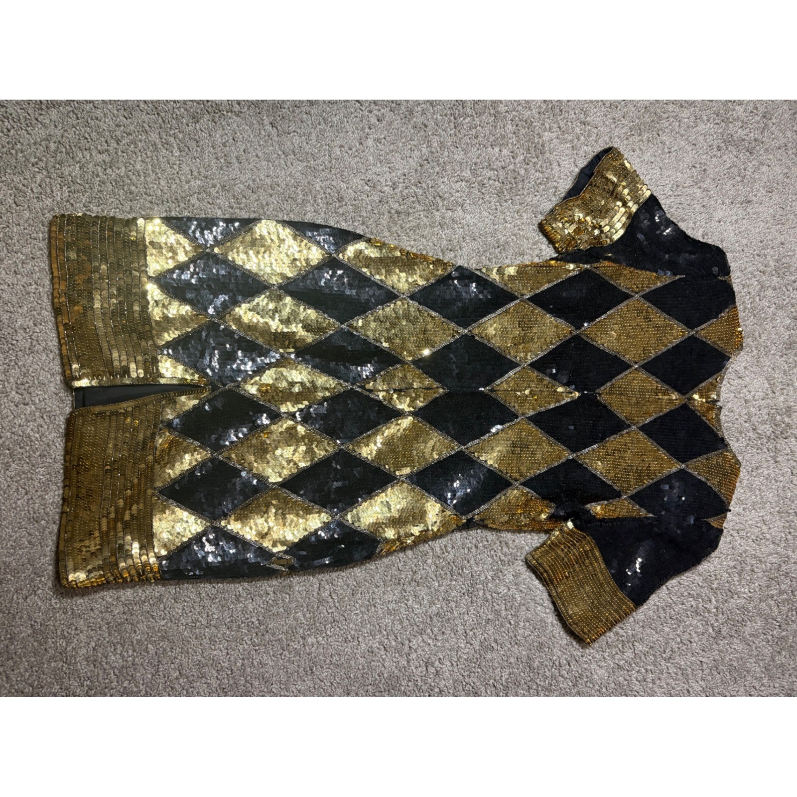 Laurence Kazar Vintage Black Gold Sequin Harlequin Silk Dress Petite Medium PM
