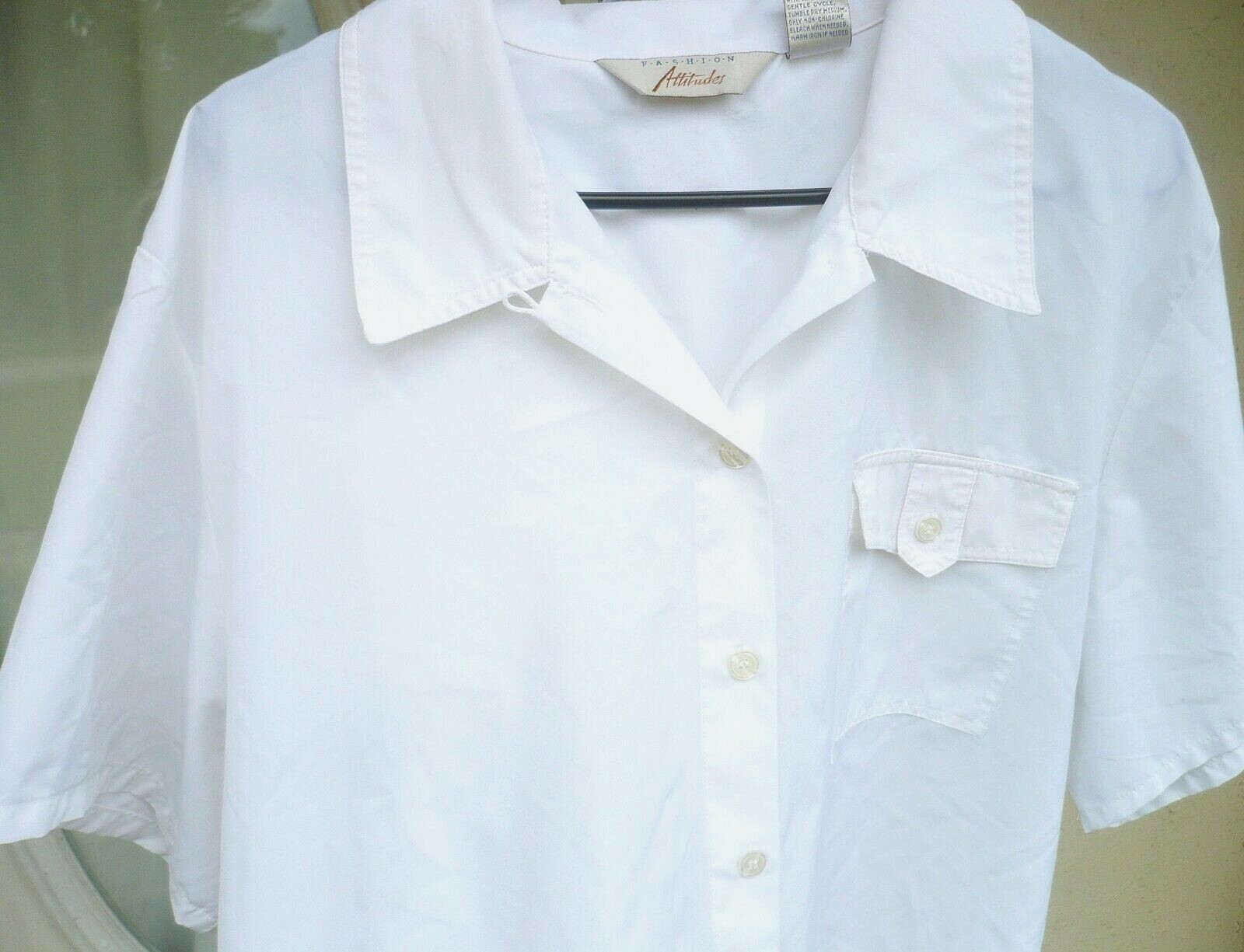 VTG FASHION ATTITUDES XL WHITE SIMPLE SILKY SECRETARY S/S BUTTON UP BLOUSE WOMEN