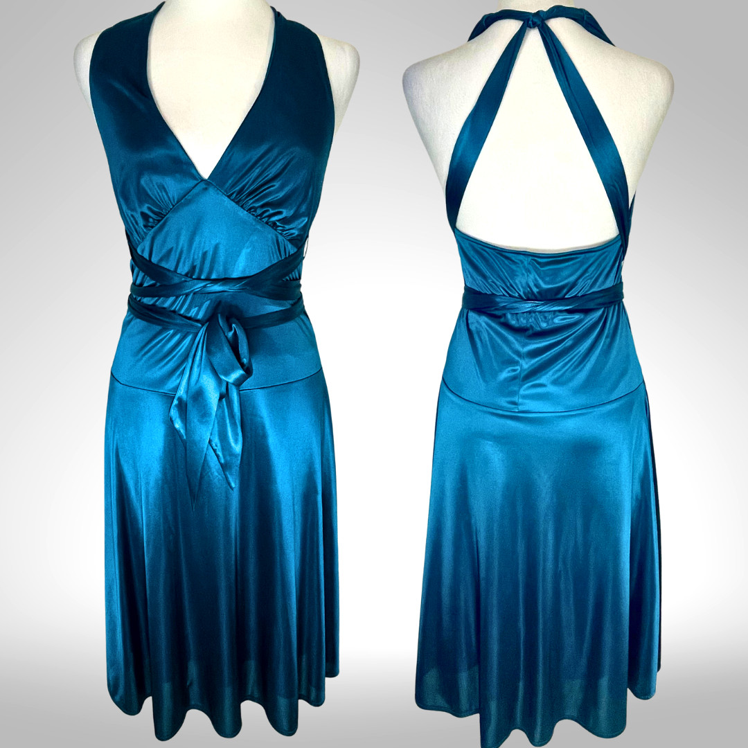 Blue Satin Halter Cocktail Dress Convertible Wrap Y2K Frederick’s Hollywood S/M