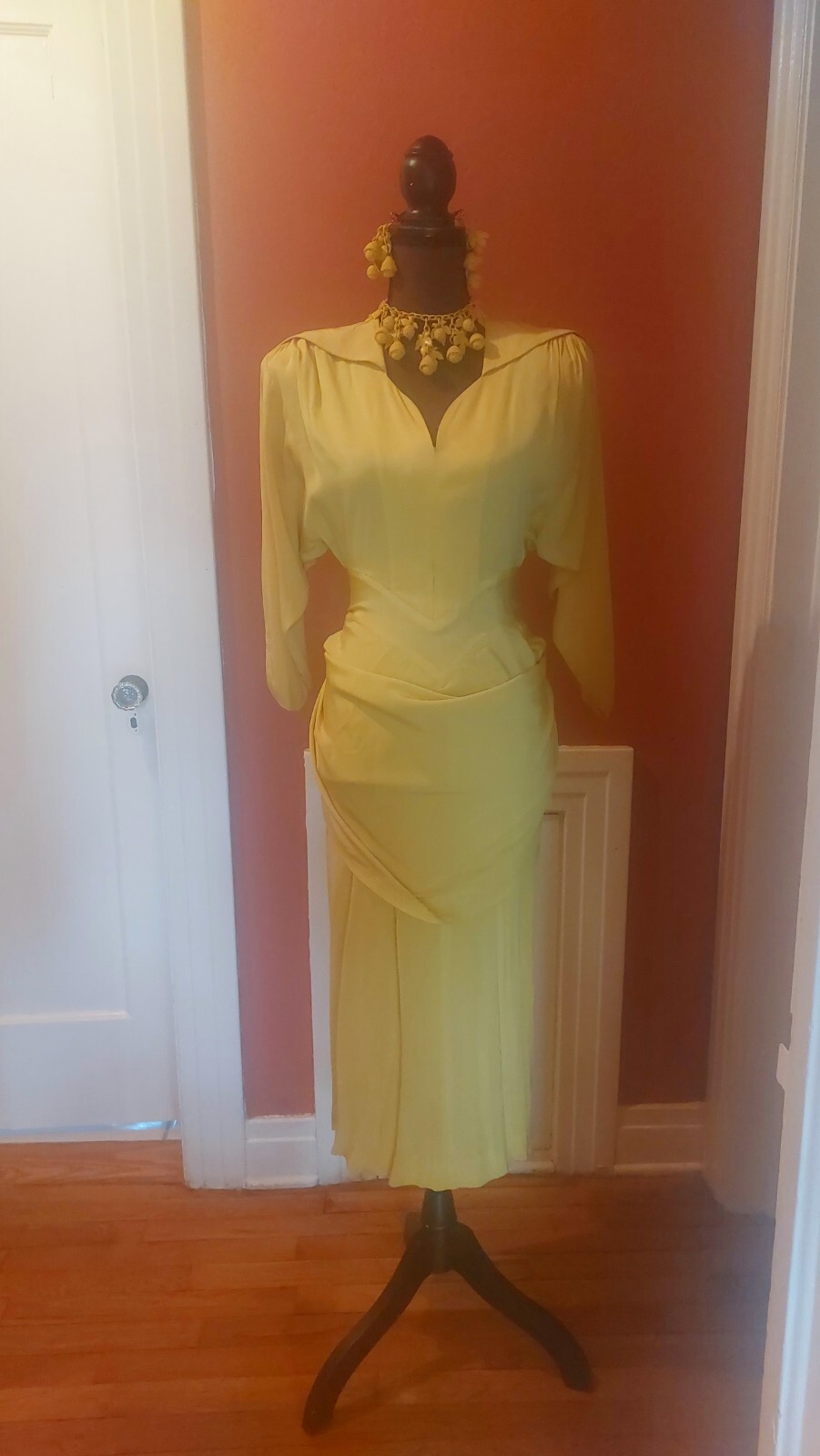 1950s Lilli Diamond Chartreuse Rayon Dress, Bat Wing Sleeves, Swag, Train XS