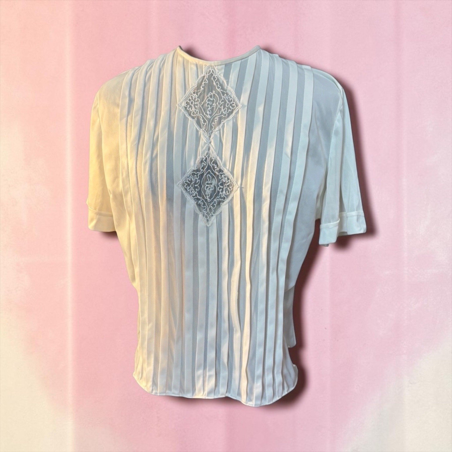50s Ivory Nylon Blouse Sheer Pintucks Embroidered Lingerie Glam 42 Bust