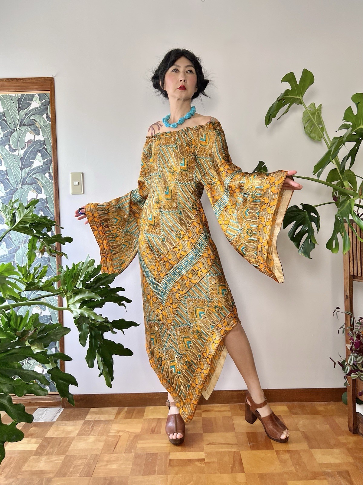 RARE 1960s 70s Psychedelic Chevron Caftan Dress Bias Cut Butterfly Sleeve Boho