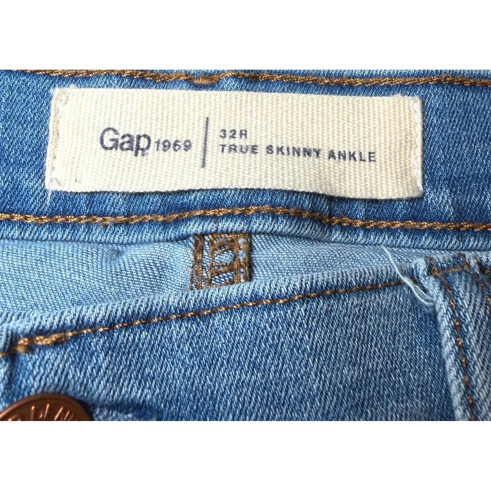Gap 1969 Womens Size 32R True Skinny Ankle Jeans Blue Denim Gold Metallic Stripe