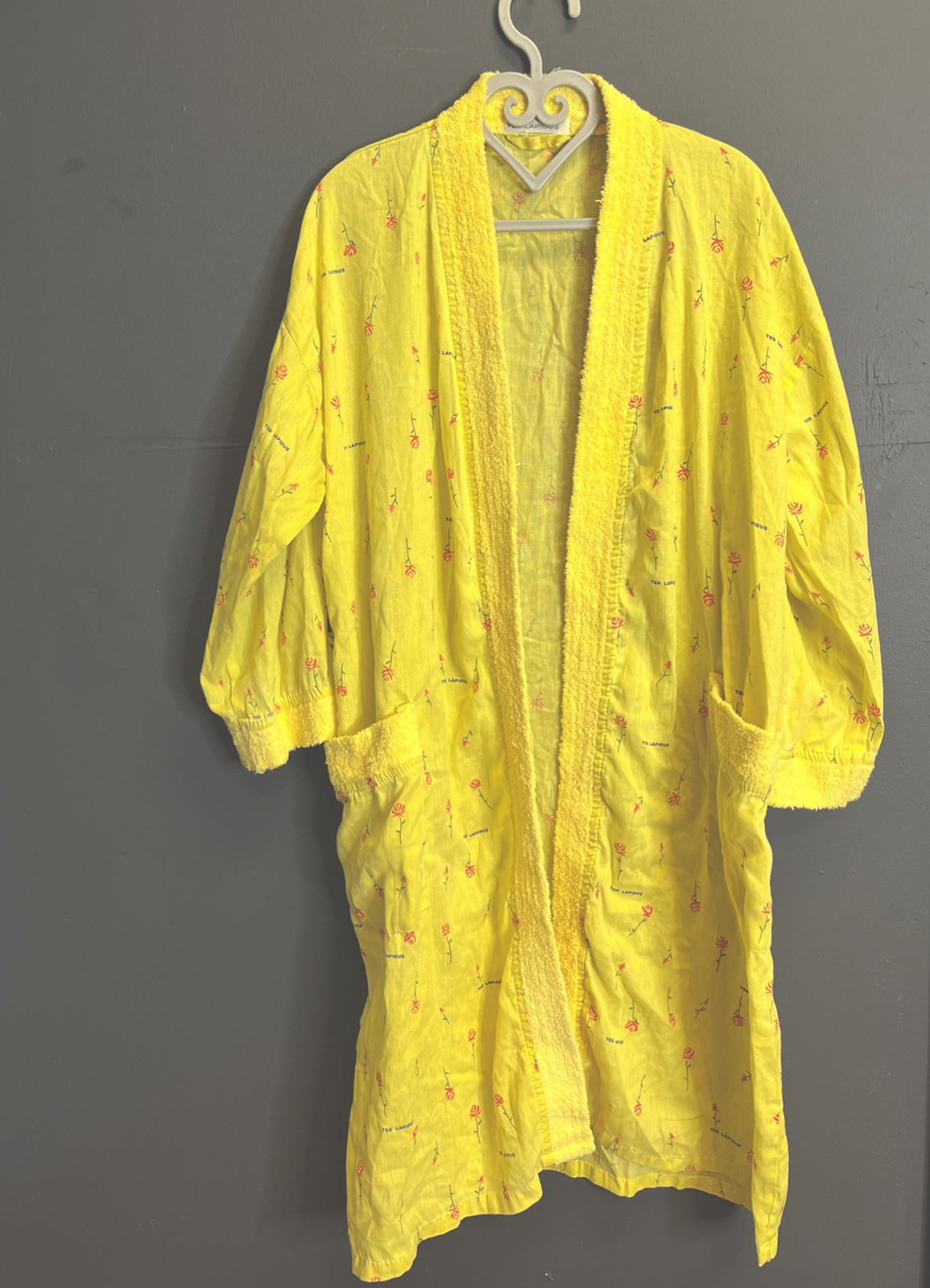 Ted Lapidus” Promotional Robe Yellow Rose Terrycloth Trim Designer Missing Belt