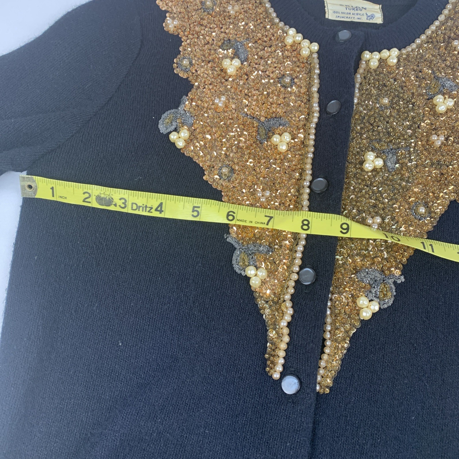 1960’s Orlon Turbo By Spuncraft Inc Black Sweater Gold Sequins, Small Sparkly