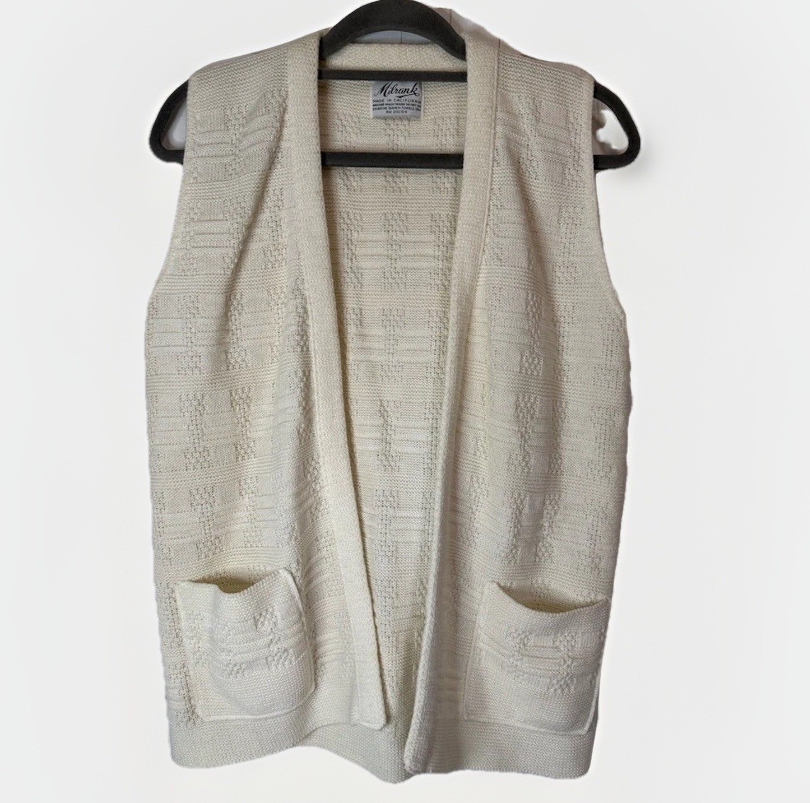 Vintage Milrank Textured Knit Sweater Vest One Size Cream Open Front Pockets 70s