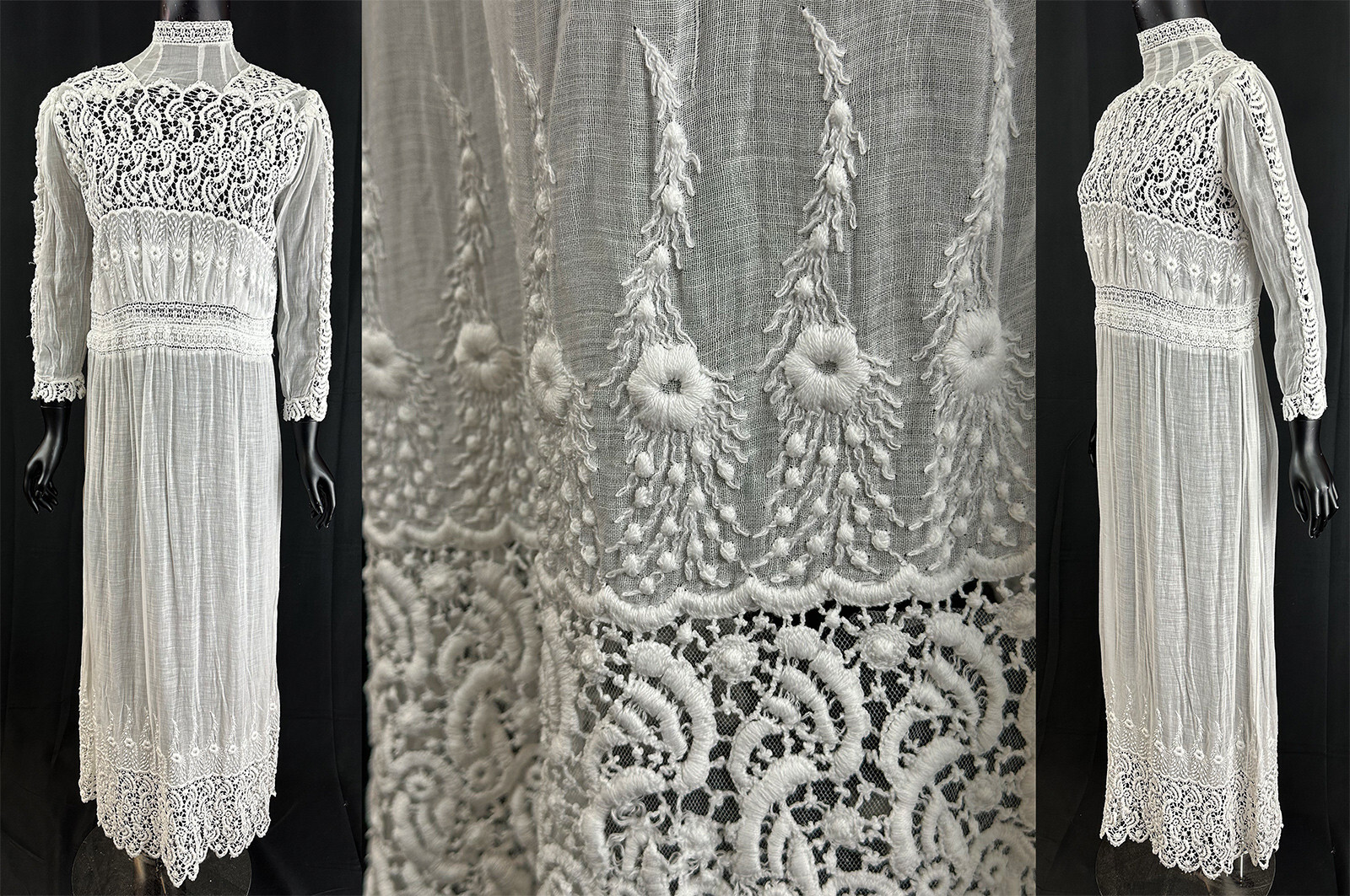 Edwardian Embroidered White Cotton Batiste Lace High Collar Tea Dress Large VTG