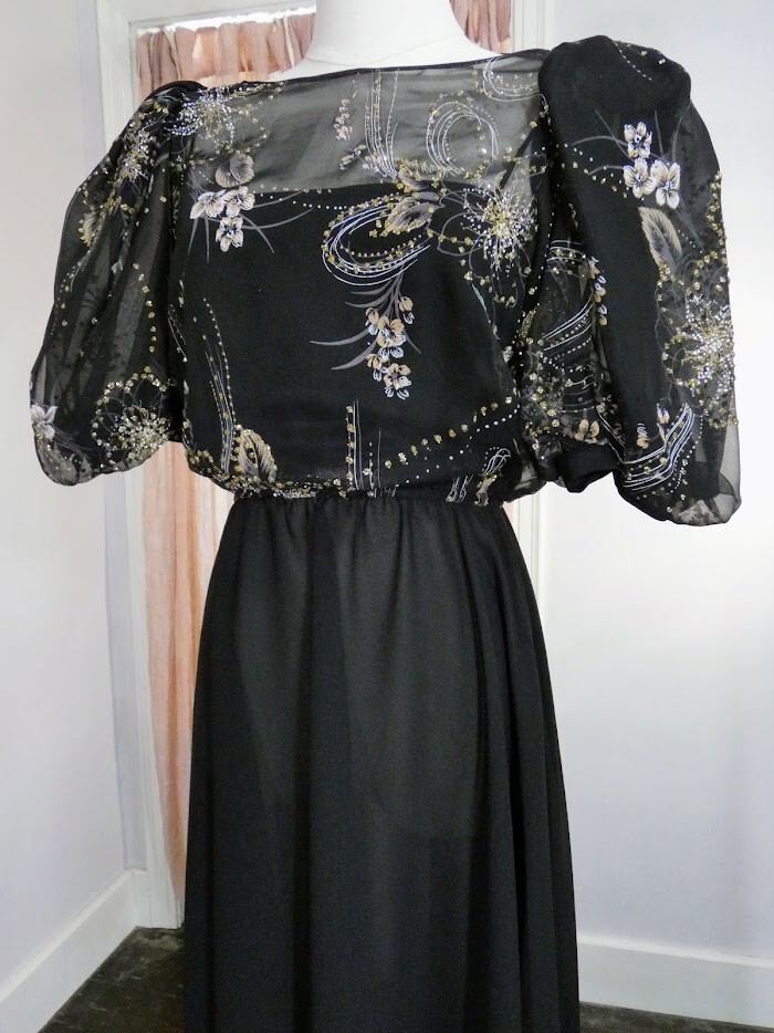 80s Vintage CONNECTIONS Black Puff Sleeve Silver Gold Glitter Dress ILGWU Small