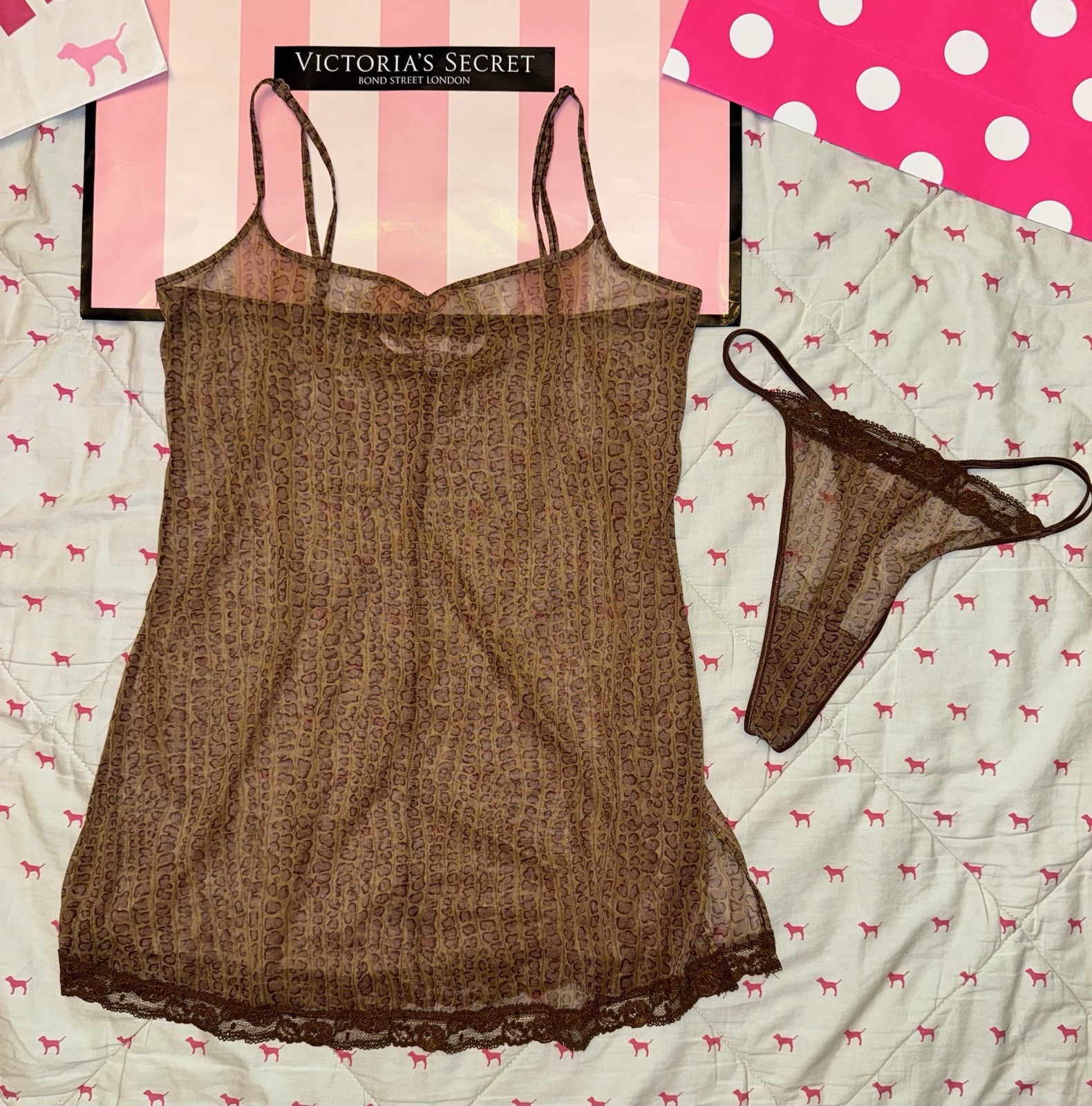 VICTORIA’S SECRET VINTAGE SHEER BABYDOLL DRESS SET W/ THONG LEOPARD CHEETAH HTF