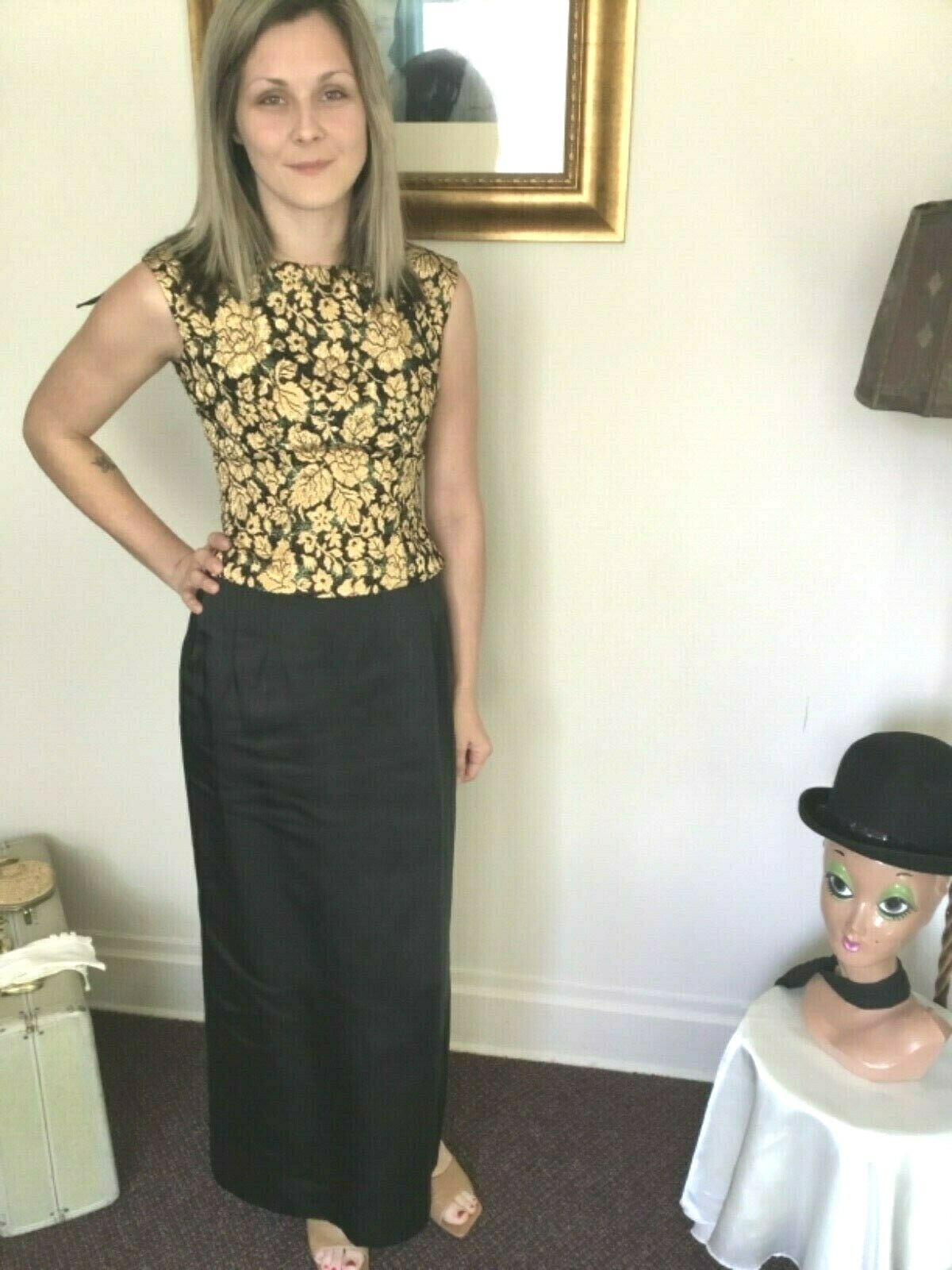 50’s Vintage Black Gold Brocade Sleeveless Sheath „Stephen O’Grady” Formal Set