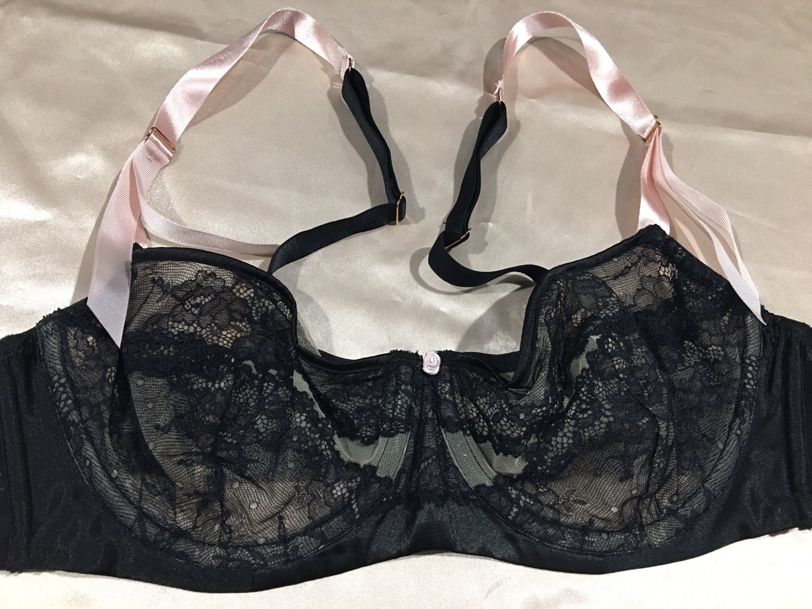 Vtg Cacique Pink Black Lace Nylon Underwire Bullet Bra 40 B New