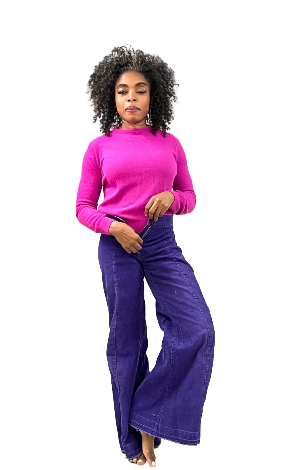 VTG 70s Purple Corduroy Bell Bottom Pants Wide Leg Low Rise Hip Hugger 28×31 XS