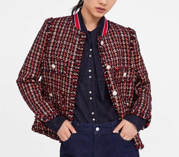 ZARA WOMAN TWEED JACKET BLAZER WITH STRIPED DETAIL Sz Medium M Red Blue White