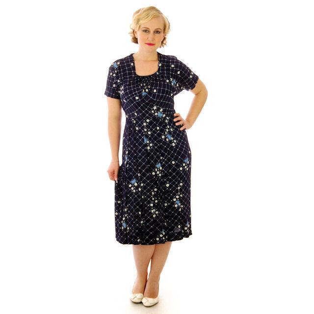 Vtg 40s Dress & Jacket Navy Rayon 1940s Floral Print L Young Viewpoint