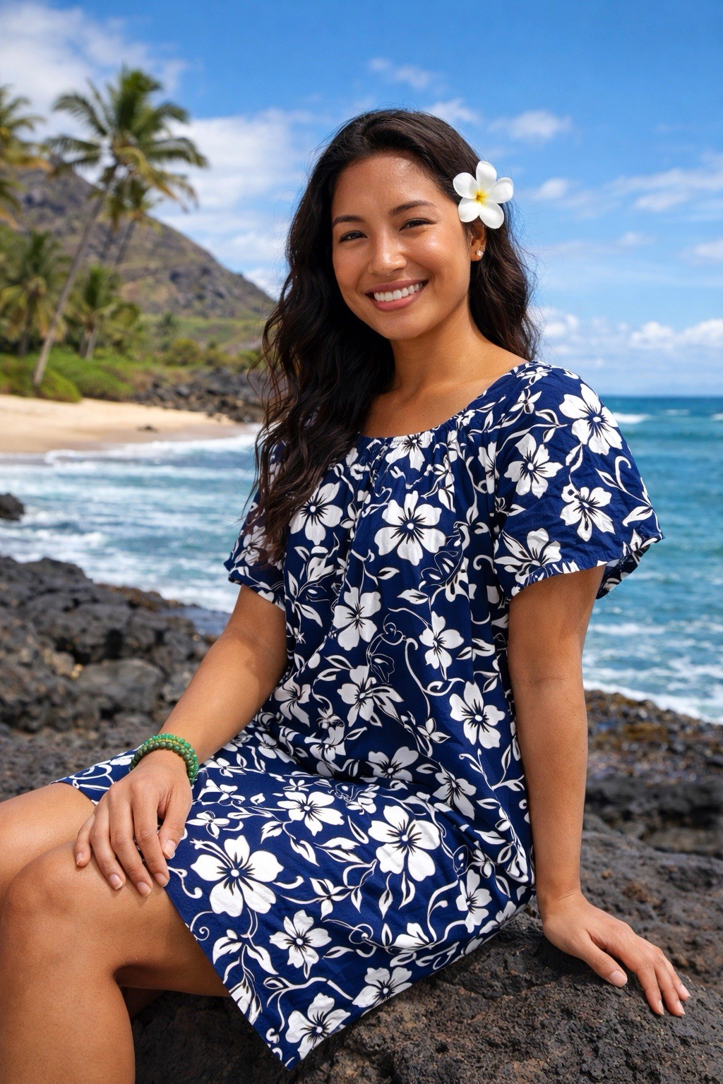 Hilo Hattie Hawaiian Original Muumuu 2XL Pedal Sleeves Blue White Hibiscus VTG