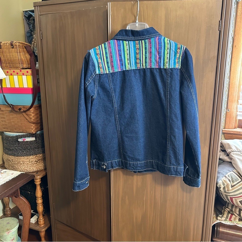 Tantrums Denim Jacket Small Boho Embroidered Aztec Tribal Print Trim Jean