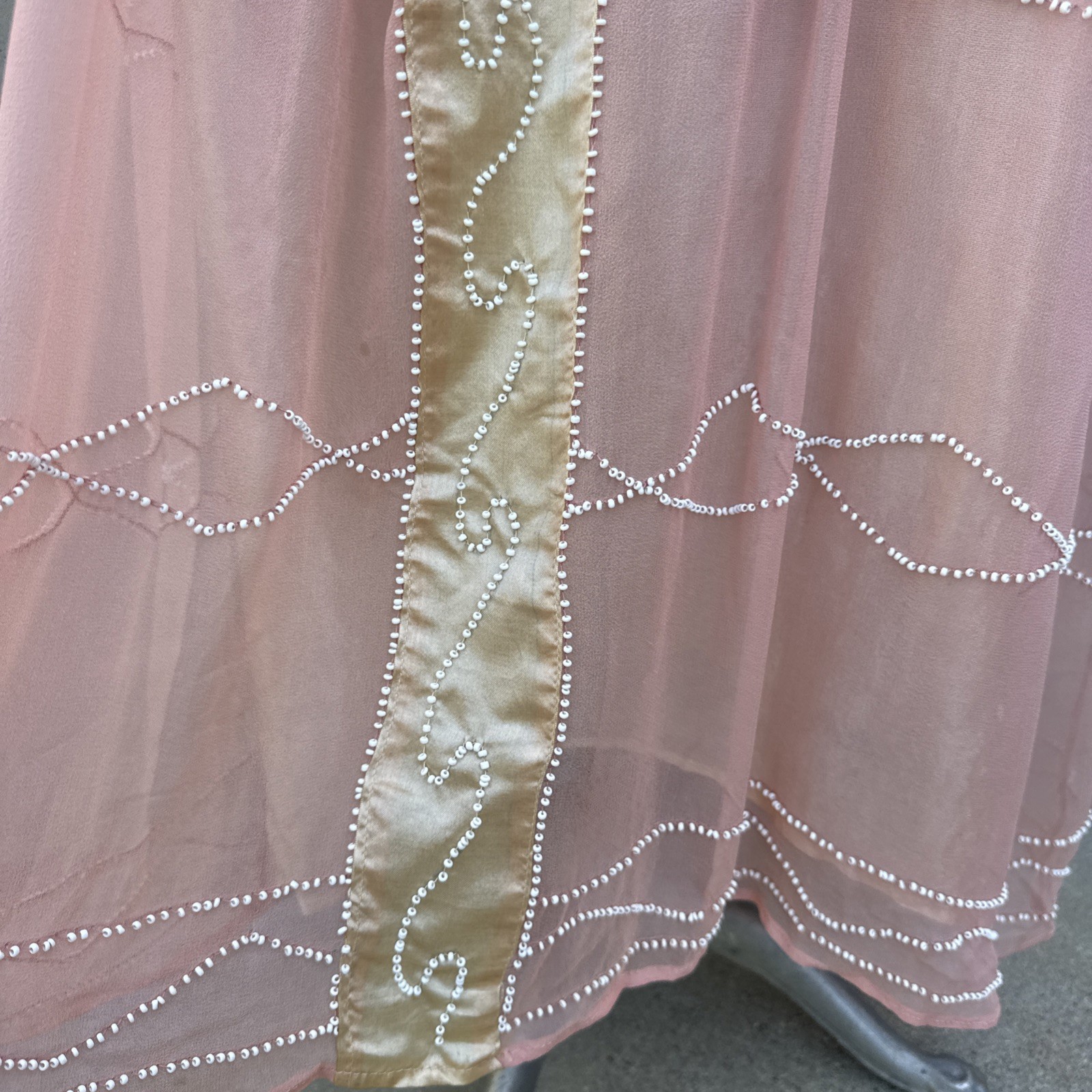 Antique 1920s Pink Silk Chiffon Dress Beaded Waves Oppenheim Collins Vintage