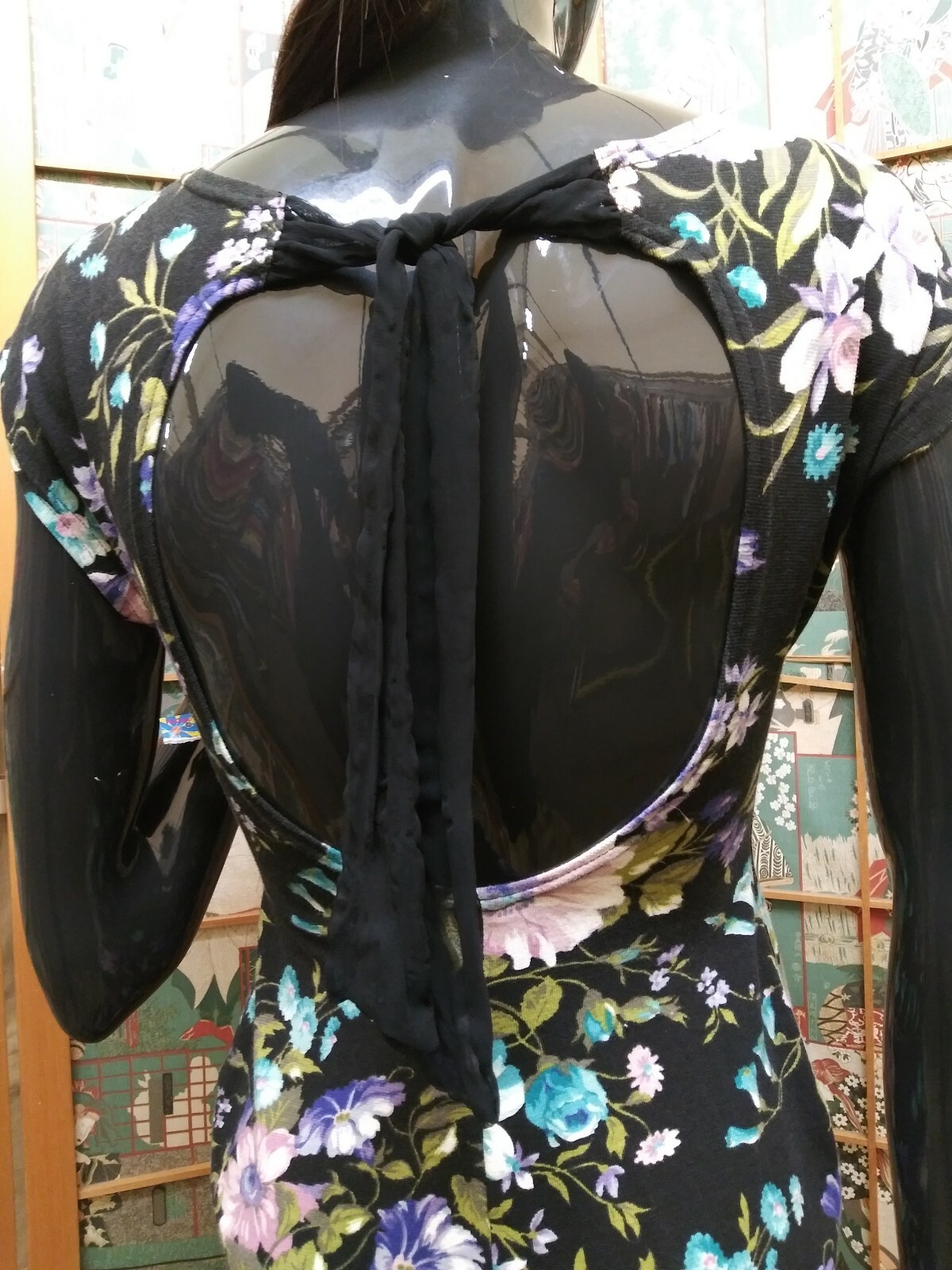 New Wave Dress S JAY JACOBS 1980s Chiffon Floral Stretch CUB WEAR Hip Hop Style