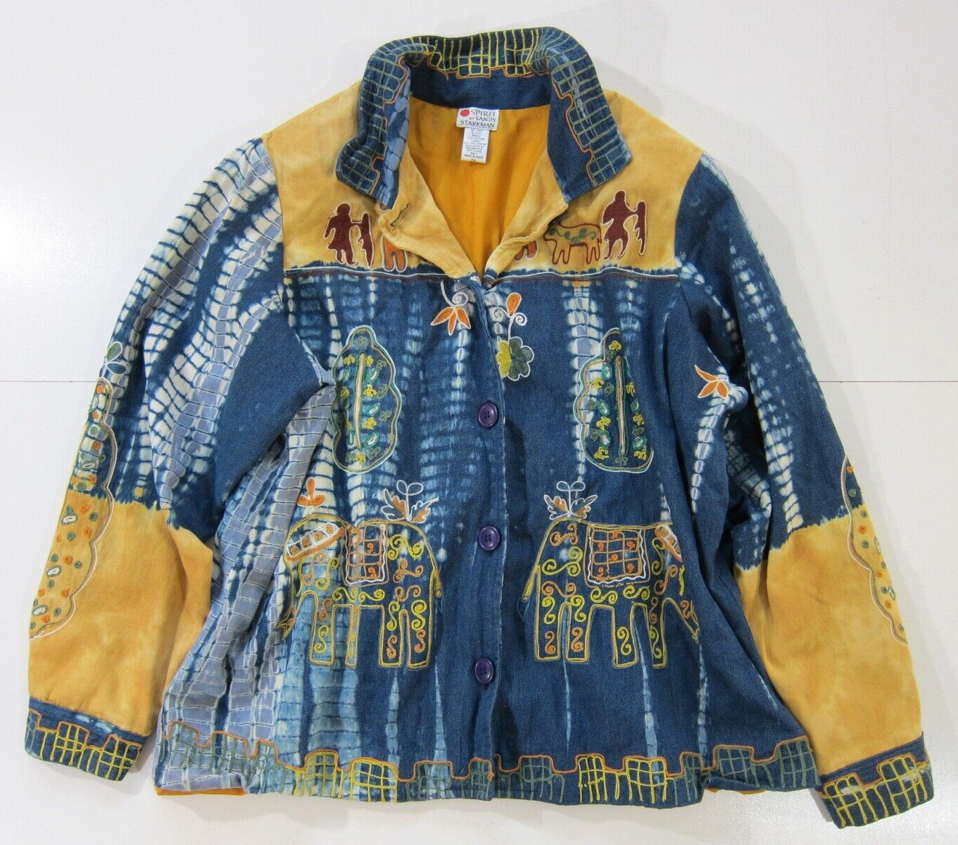 Sandy Starkman Spirit Cotton Blue Brown Tie Dye Embroidered Hippy Boho Jacket 2X