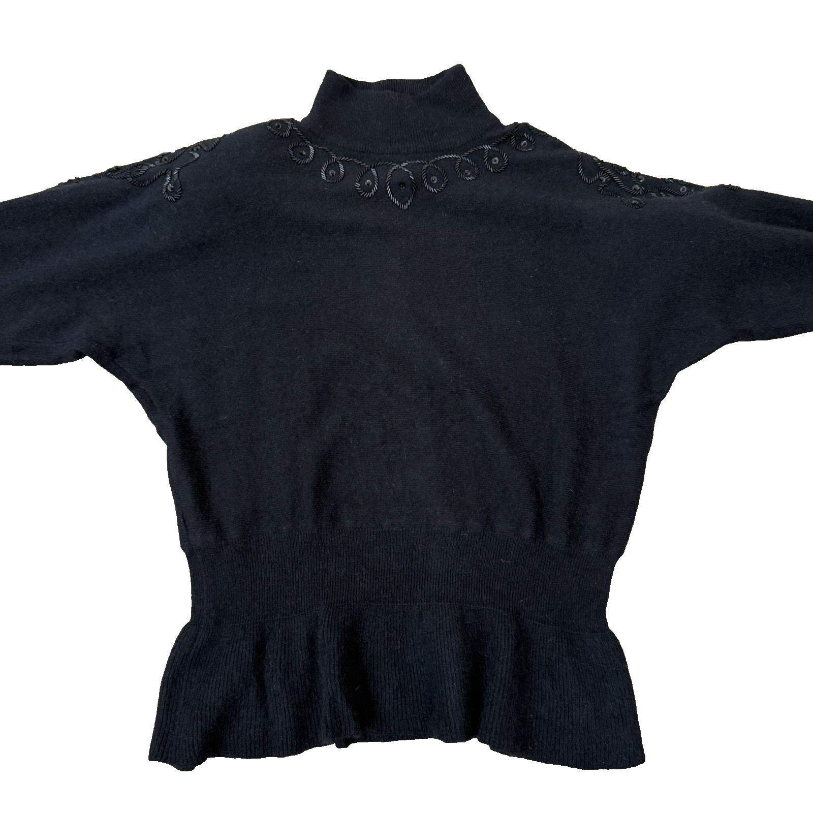 Mervyn’s 80s 90s Mock Neck Sweater Beaded Black Wool Angora Large Vintage Luxury