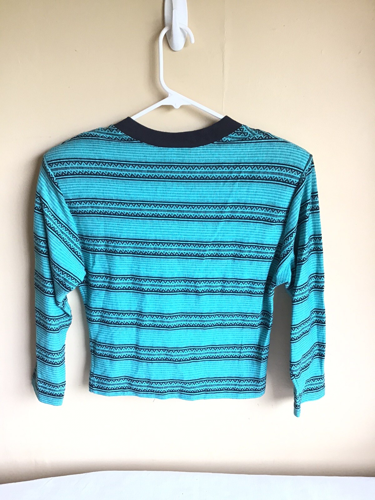Vintage Lajate USA Womens Teal Aztec Design Fitted Button Up Long Sleeve Top