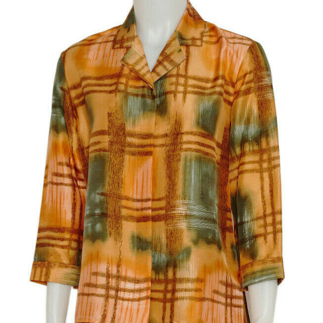 Retro Silk Blouse and Pant Set, Gold and Olive Green Print 2 Piece Size 6