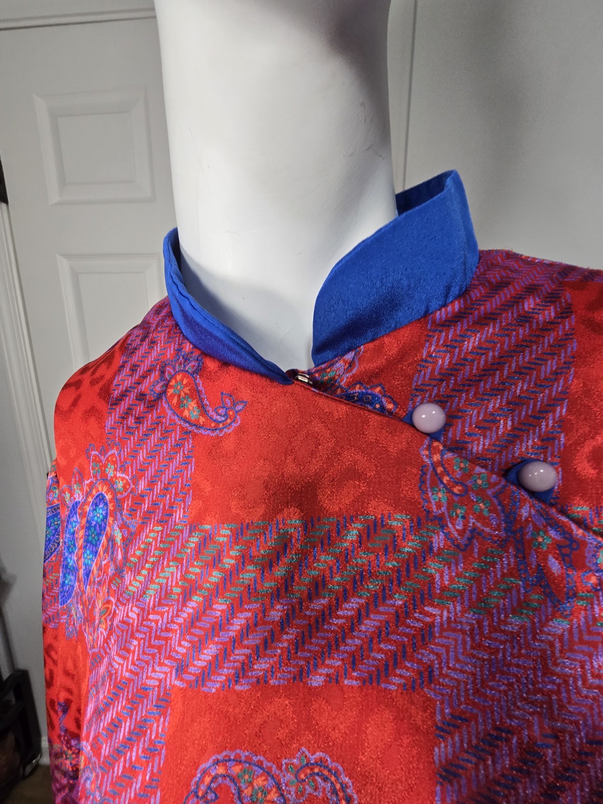 Vintage 80s/90s David Warren DW3 Asian Style Collar Poly Long Sleeve Shift Sz 16