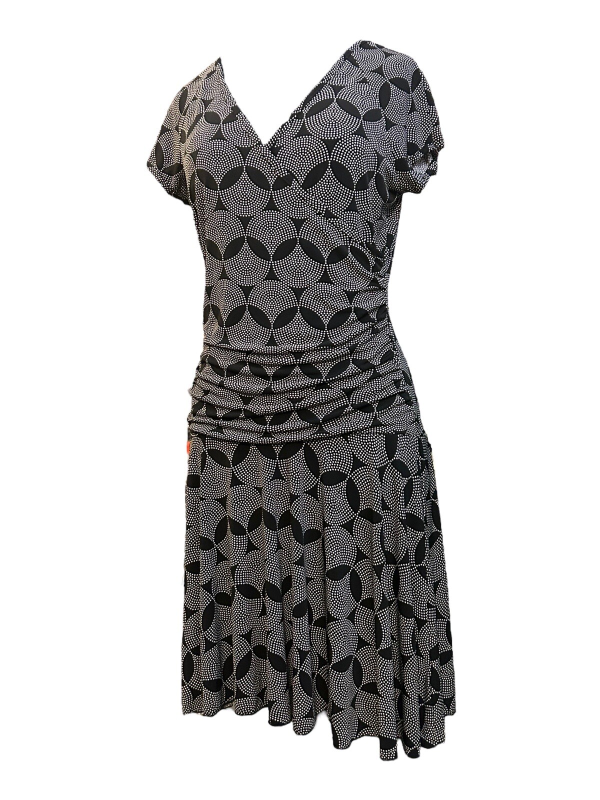BCX V-Neck Cap Sleeve Ruching Bl/Wh Geo Print Short Faux Wrap Dress Women L VTG