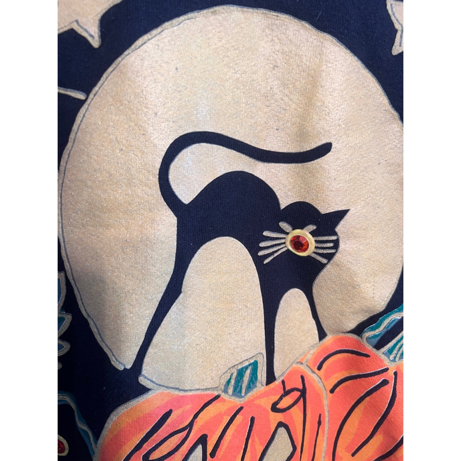 Vintage India Ink Hand Painted Women’s Halloween Crew Neck Sweater OS Black Cats