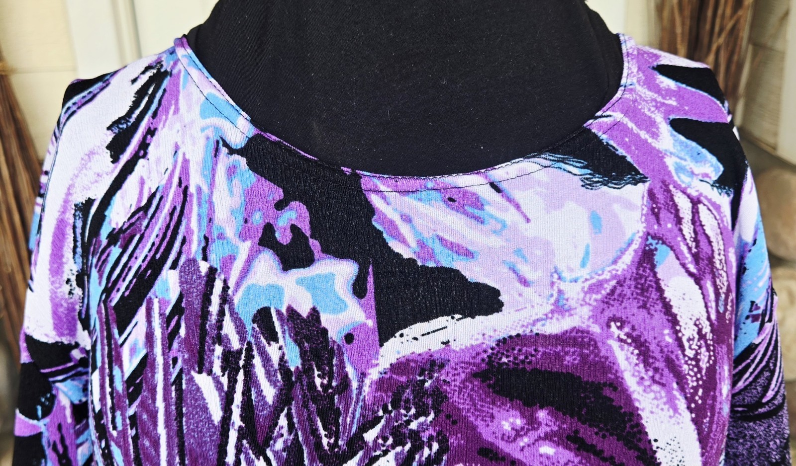 1980s JOSTAR Purple Black Blue Poly Spandex Abstract Floral Maxi Travel Dress L