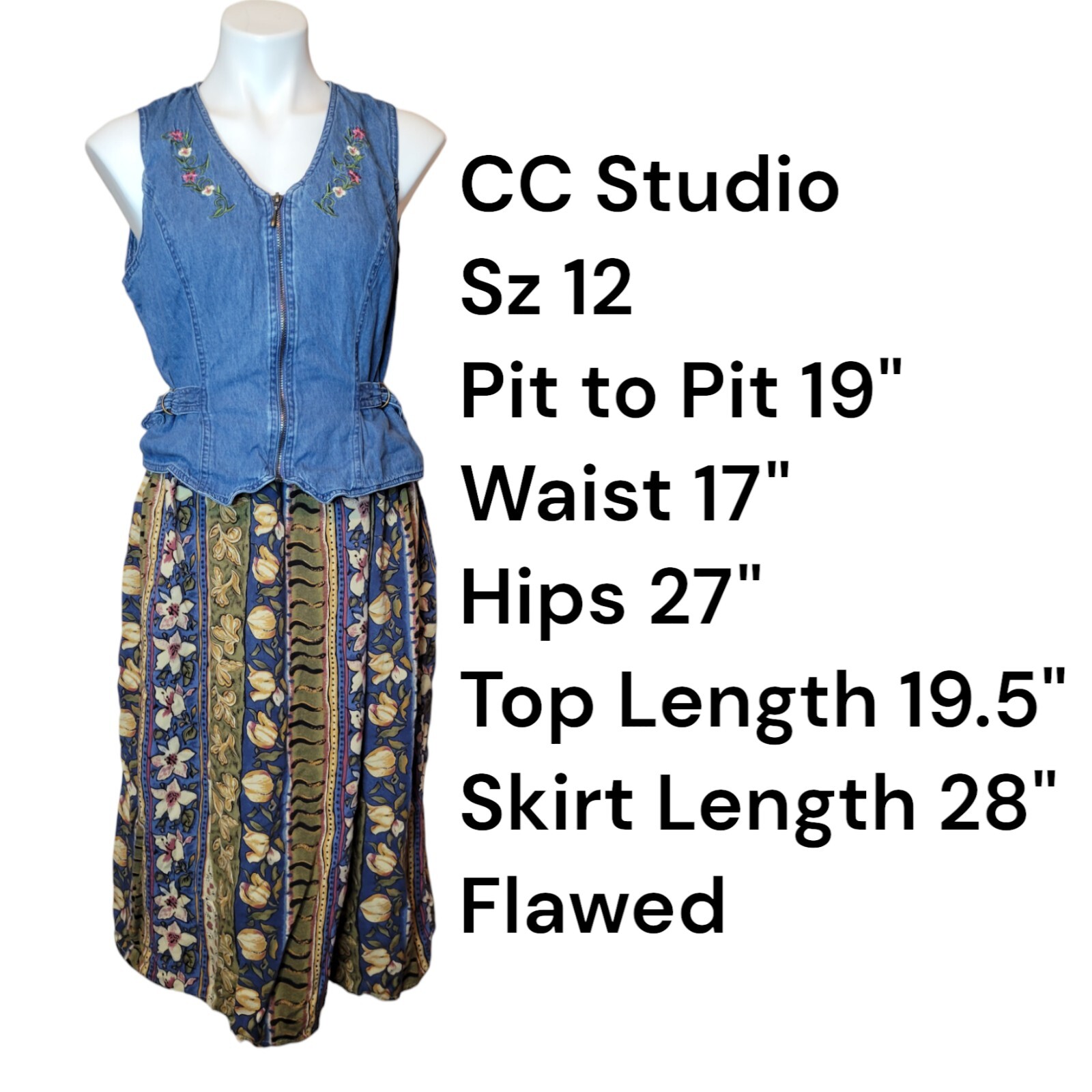 Retro combo jeans maxi dress, Vintage 90s retro denim & fabric Zip Up Sz 12