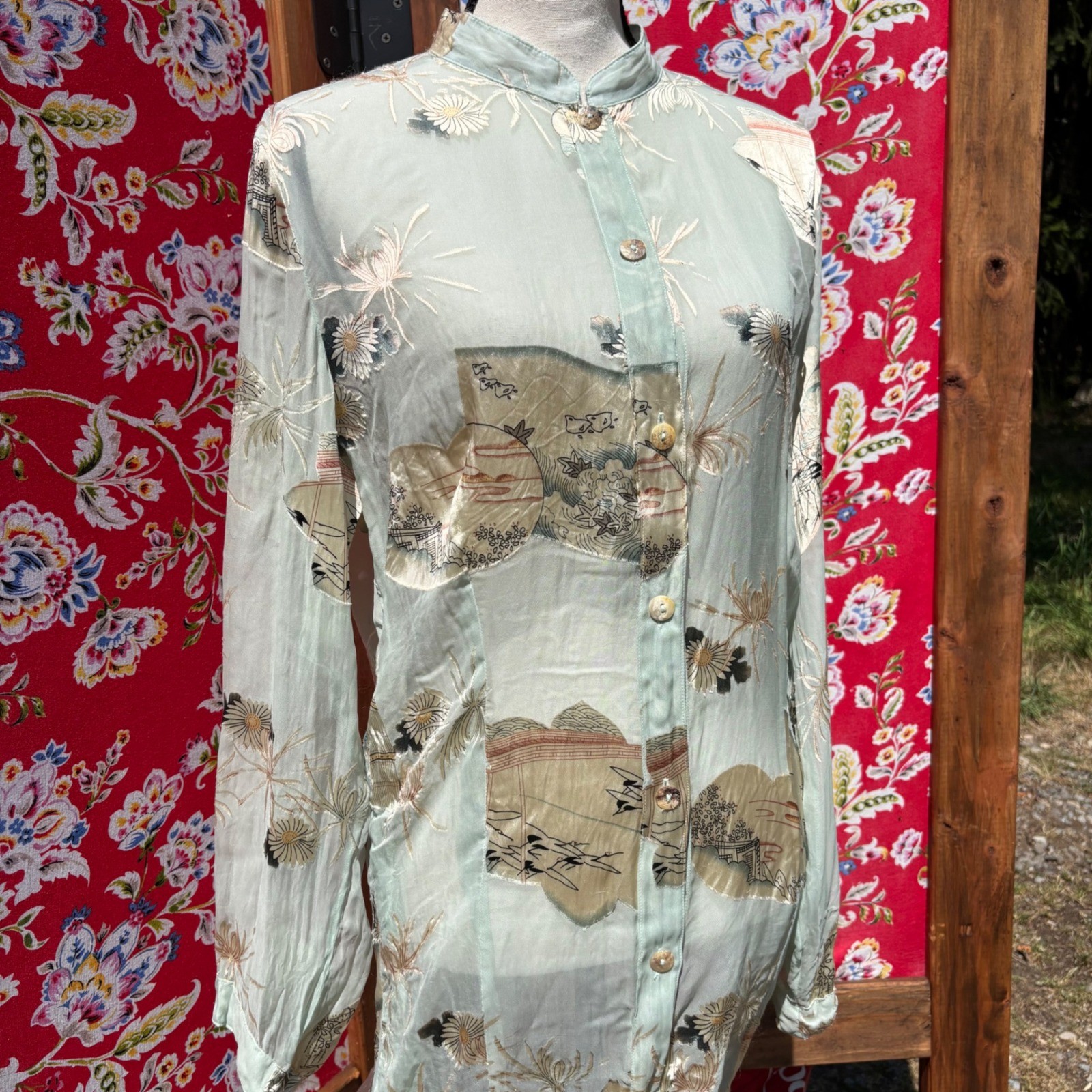 Vintage Semi Sheer Beachy Coastal Button Front Boho Blouse Size L