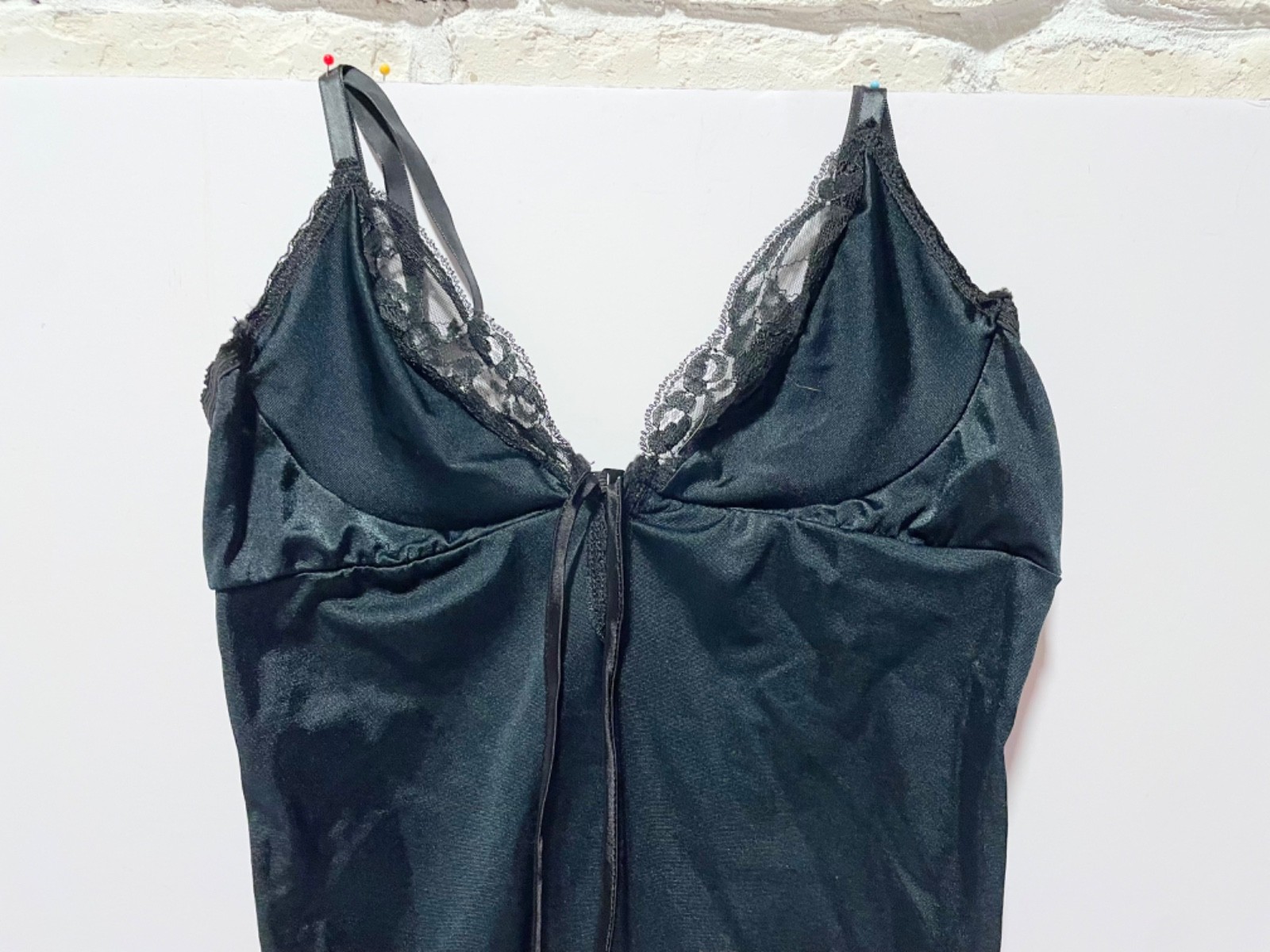 Vintage Frederick’s of Hollywood Black Satin Lace Teddy with Garters, Red Bows