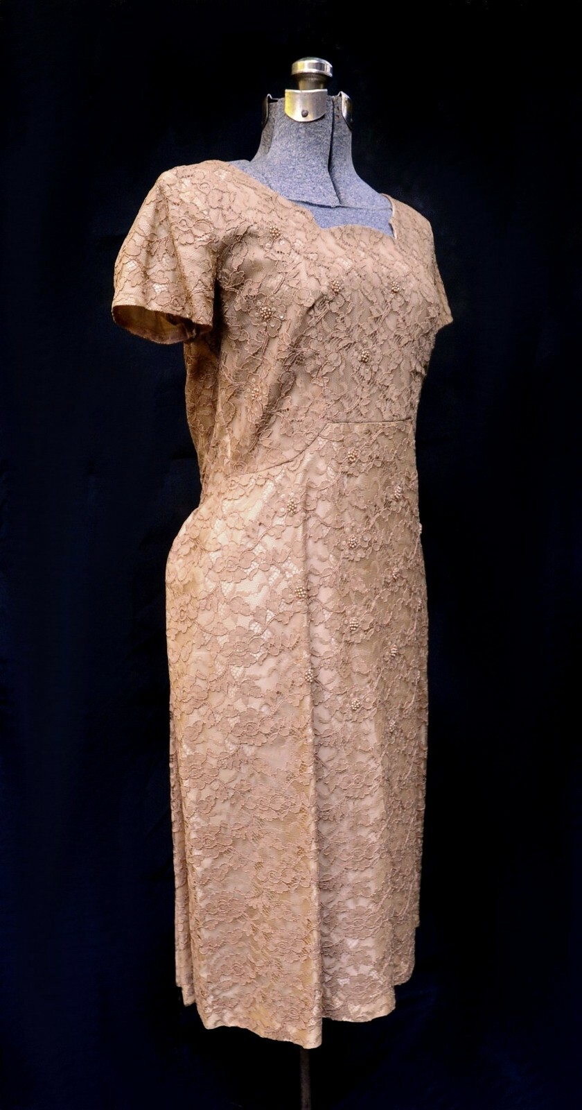 VTG 50s 60s Normal Original Sable Lace & Taffeta Party Prom Dress S/M Beading